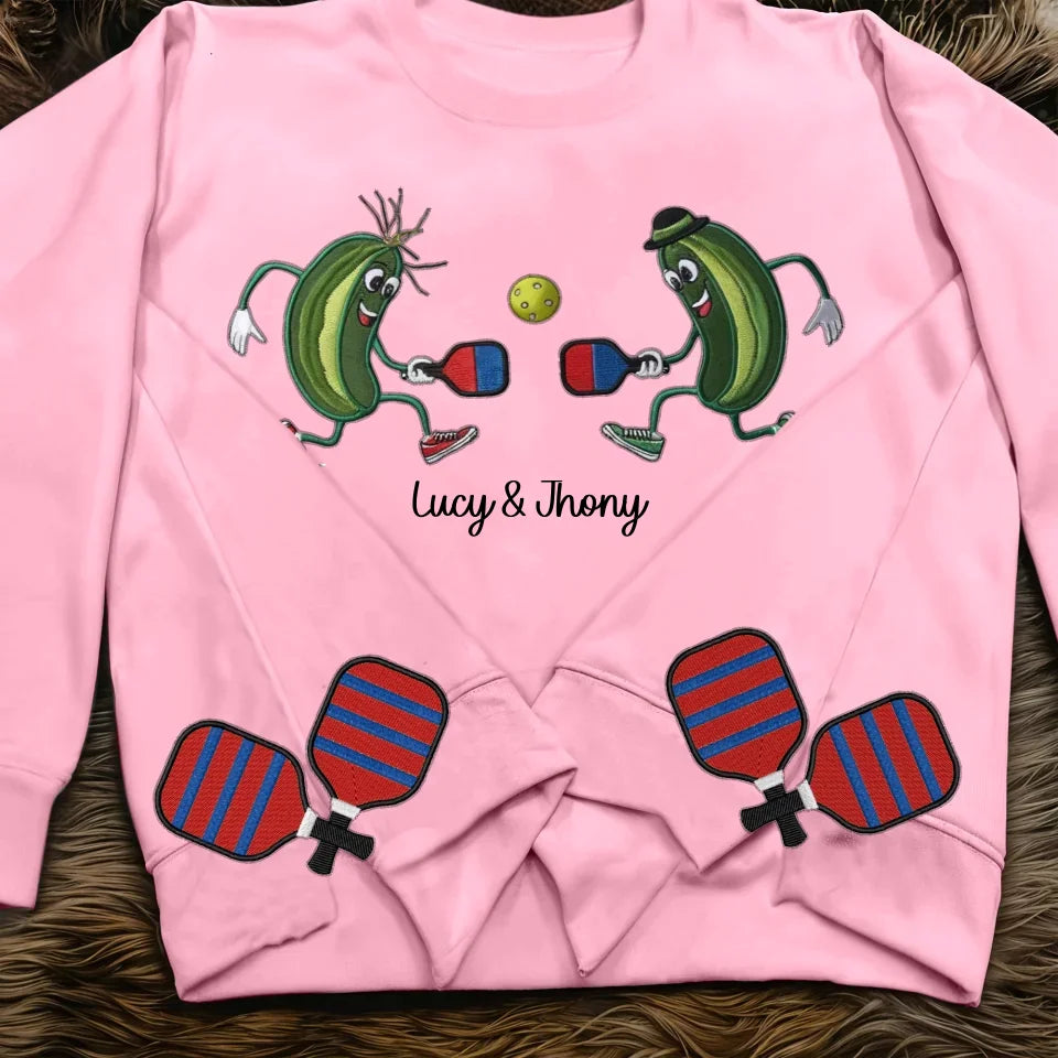 Custom Name Funny Pickles Playing Pickleball Embroidered Side Split Sweatshirt - Perfect Gift For Sports Lovers