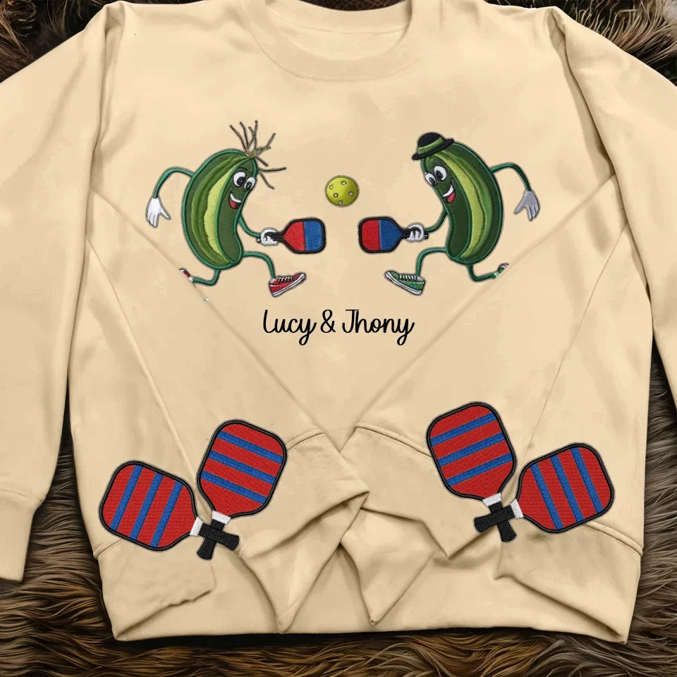 Custom Name Funny Pickles Playing Pickleball Embroidered Side Split Sweatshirt - Perfect Gift For Sports Lovers