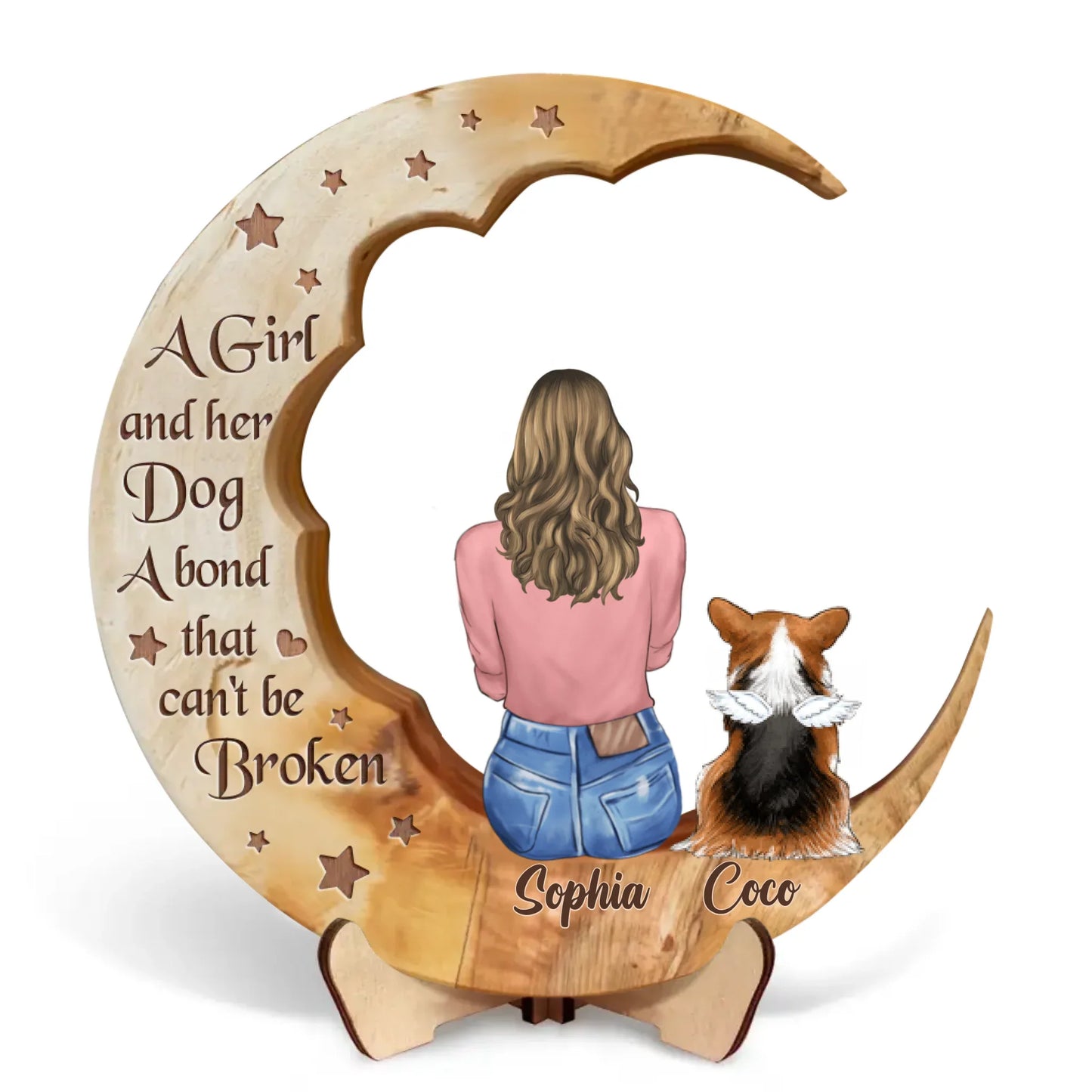 Personalized Dog Mom Moon Wooden Art - Gift Idea Dog Lover - A Girl And Her Dogs A Bond That Can't Be Broken