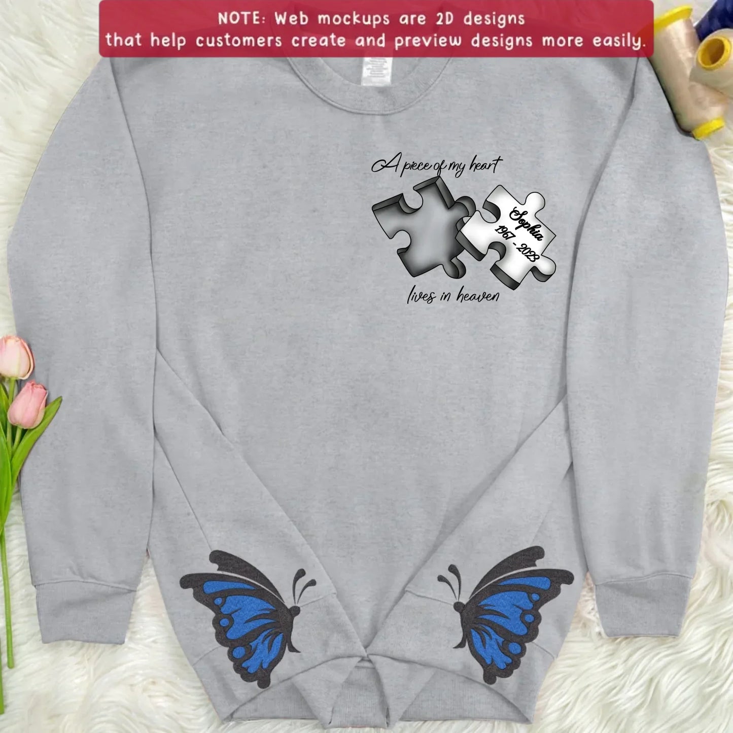 Personalized Memorial Side Bow Embroidered Sweatshirt - Memorial Gift Idea For Loss Of Mom/Dad - A Piece Of My Heart Lives In Heaven