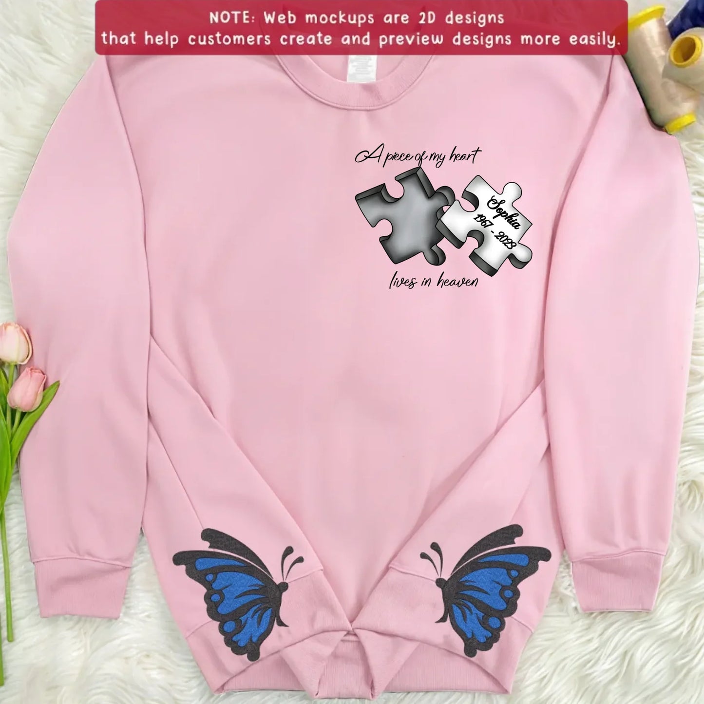 Personalized Memorial Side Bow Embroidered Sweatshirt - Memorial Gift Idea For Loss Of Mom/Dad - A Piece Of My Heart Lives In Heaven