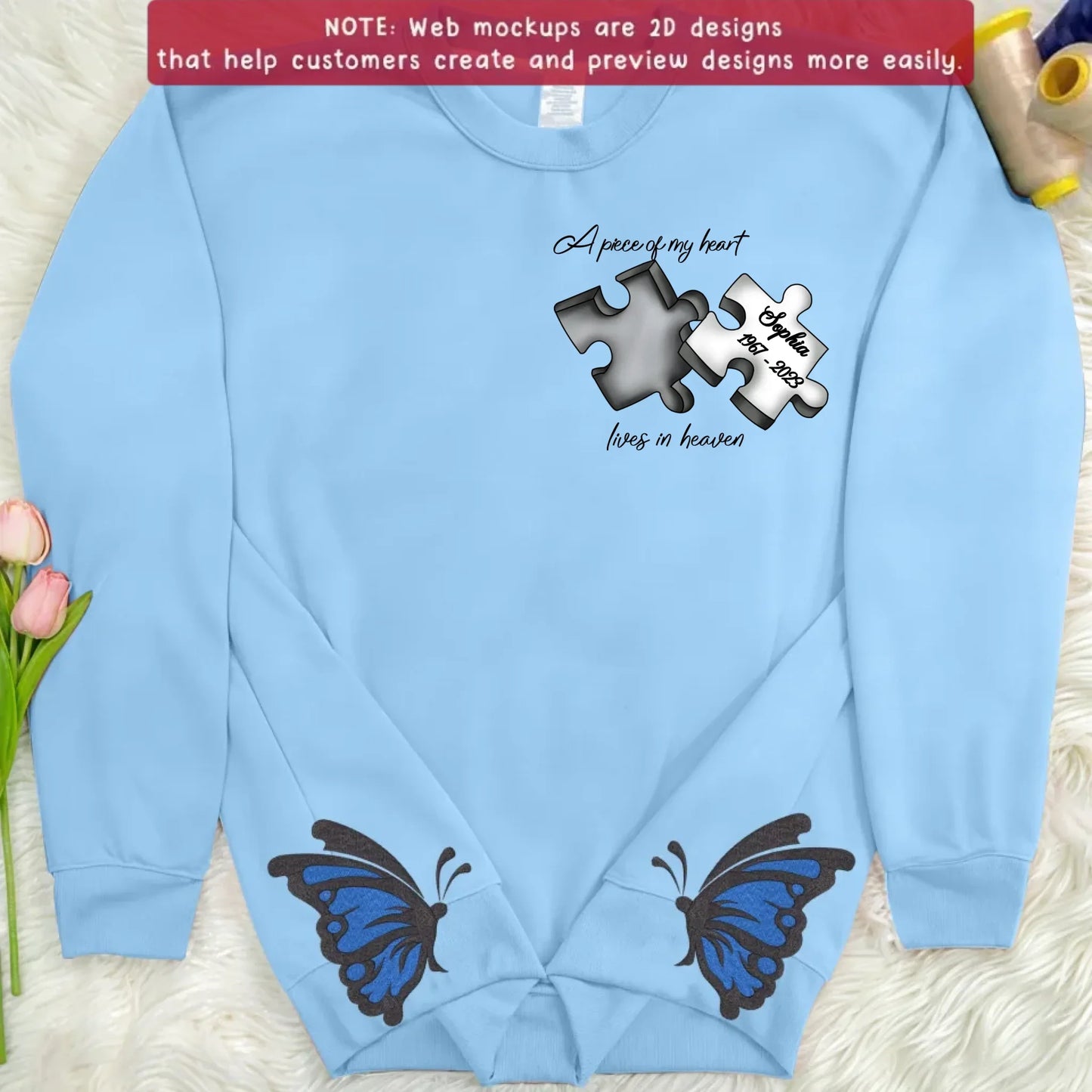 Personalized Memorial Side Bow Embroidered Sweatshirt - Memorial Gift Idea For Loss Of Mom/Dad - A Piece Of My Heart Lives In Heaven