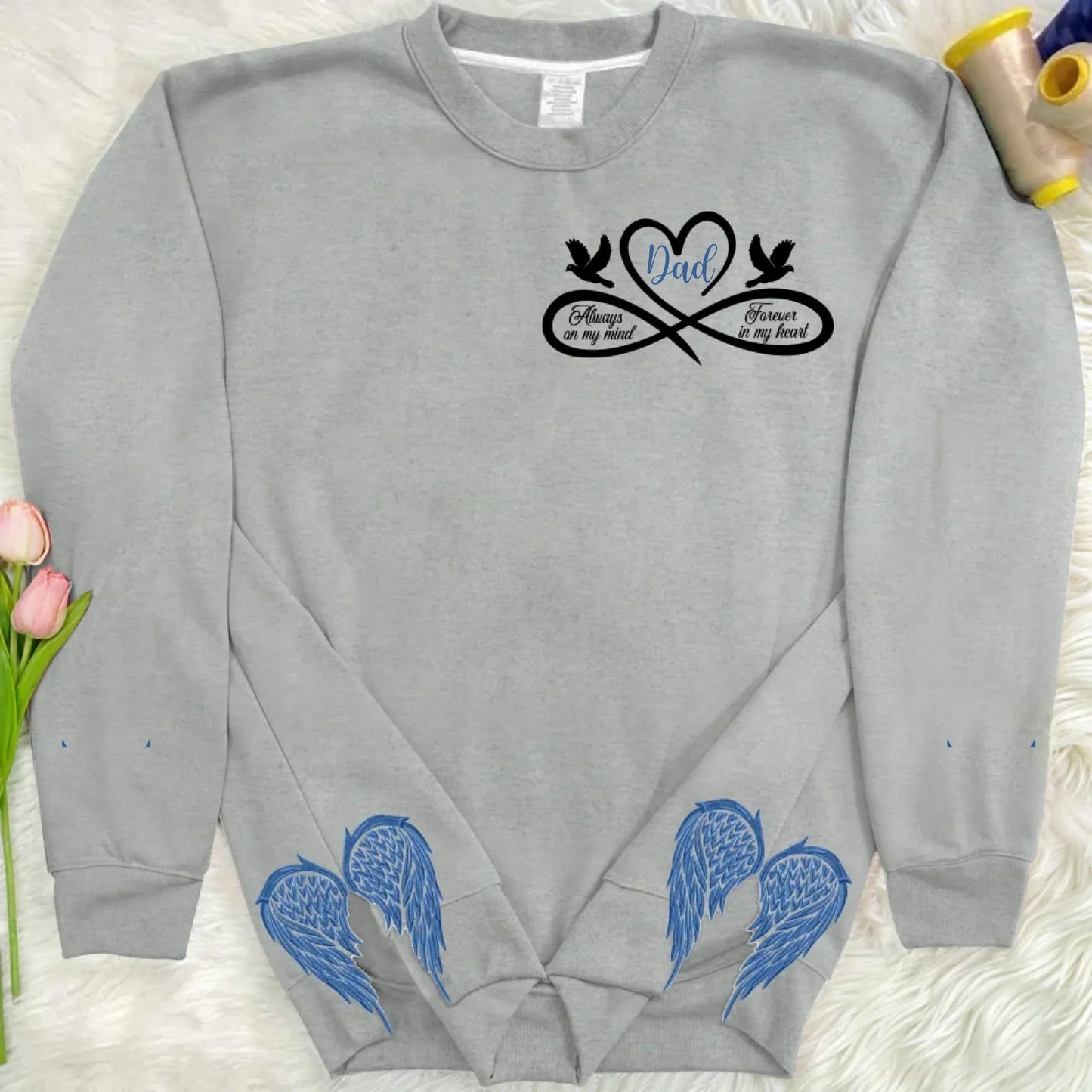 Personalized Memorial Side Bow Split Embroidered Sweatshirt - Always On My Mind Forever In My Heart - Memorial Gift Idea For Loss Of Dad/Mom