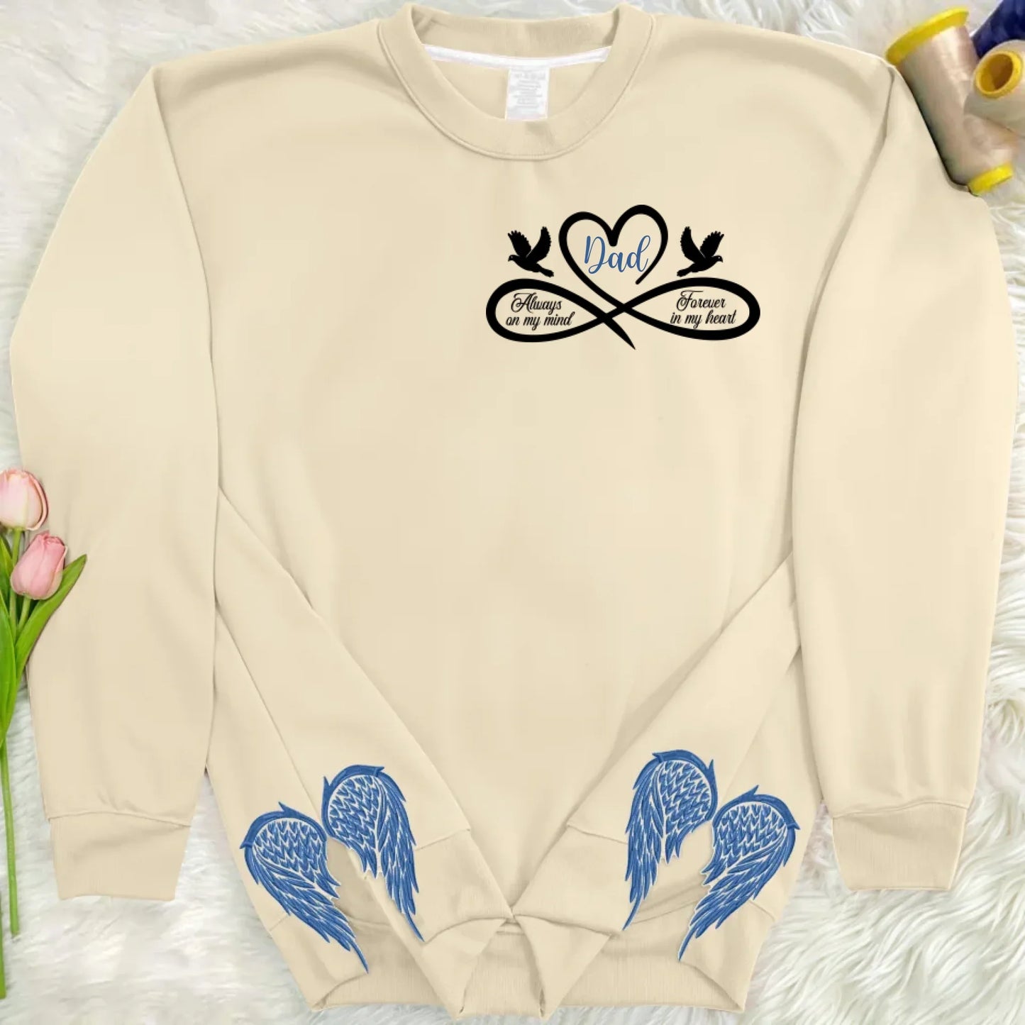 Personalized Memorial Side Bow Split Embroidered Sweatshirt - Always On My Mind Forever In My Heart - Memorial Gift Idea For Loss Of Dad/Mom
