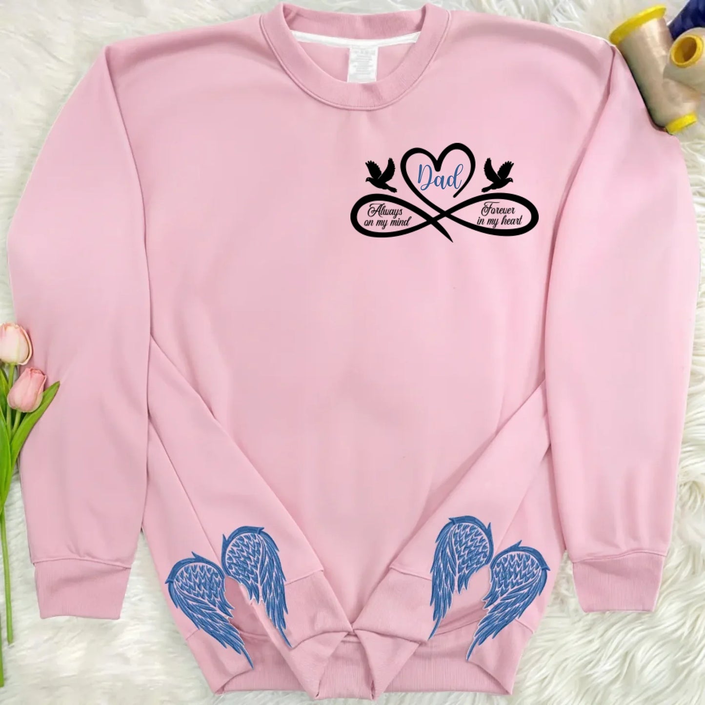 Personalized Memorial Side Bow Split Embroidered Sweatshirt - Always On My Mind Forever In My Heart - Memorial Gift Idea For Loss Of Dad/Mom