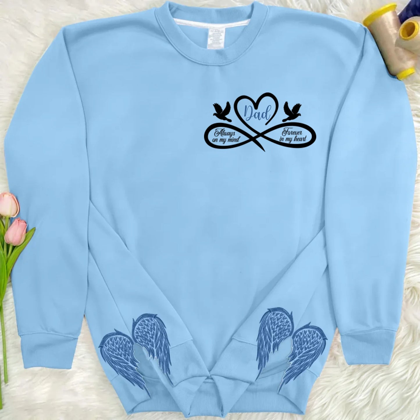 Personalized Memorial Side Bow Split Embroidered Sweatshirt - Always On My Mind Forever In My Heart - Memorial Gift Idea For Loss Of Dad/Mom