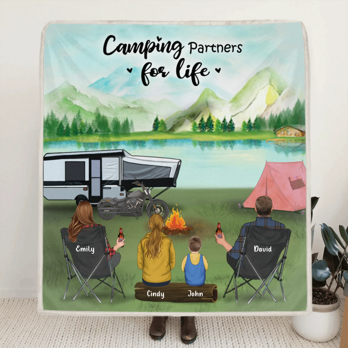 Personalized Camping Blanket - Best Gift For The Whole Family - Parents With 2 Kids And Up to 6 Pets - Father's Day Gift From Wife To Husband - Love is stay together