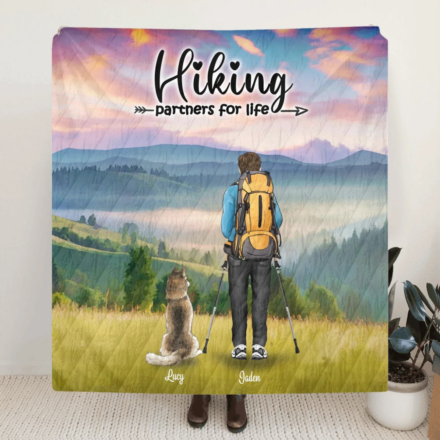 Personalized Hiking Quilt/Fleece Blanket - Best Gift Idea For Couple - Couple With Up to 3 Pets - Gifts For Hiking Lovers For Father's Day - Hiking Partners For Life