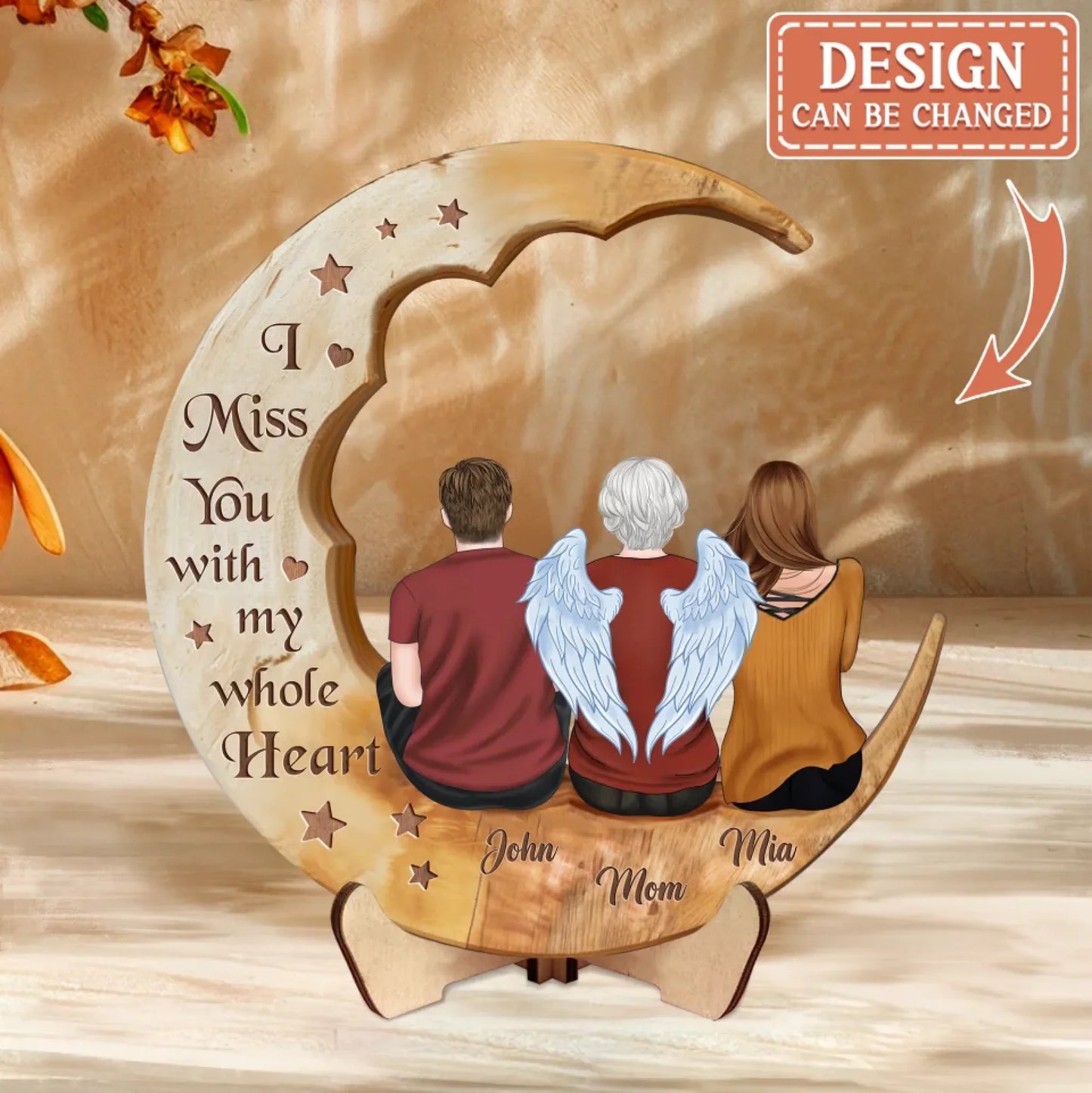 Personalized Memorial Family Moon Wooden Art - Memorial Gift Idea For Parent/Husband/Wife/Siblings - I Miss You With My Whole Heart