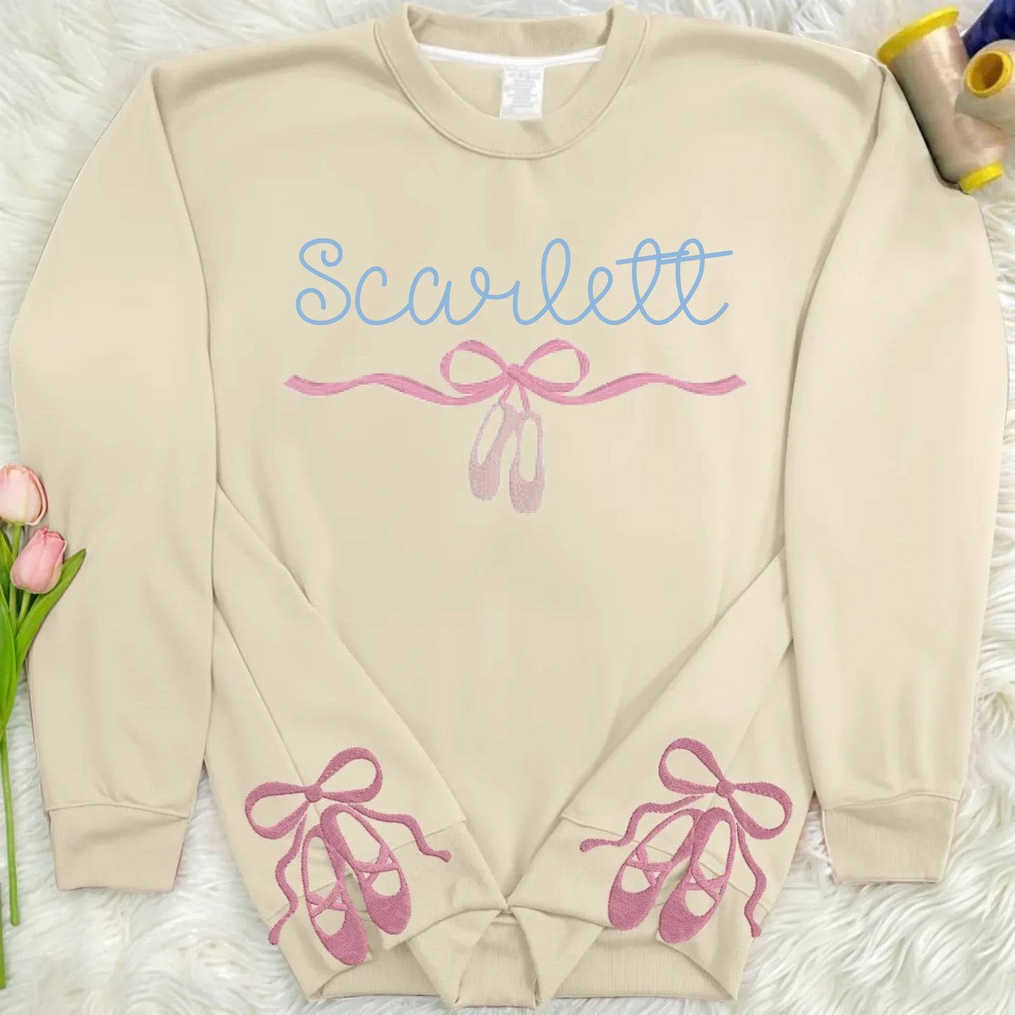 Custom Name Ballet Shoes Dancer Embroidered Split Side Bow Sweatshirt - Gift Idea For Daughter/Birthday/Ballet Lover
