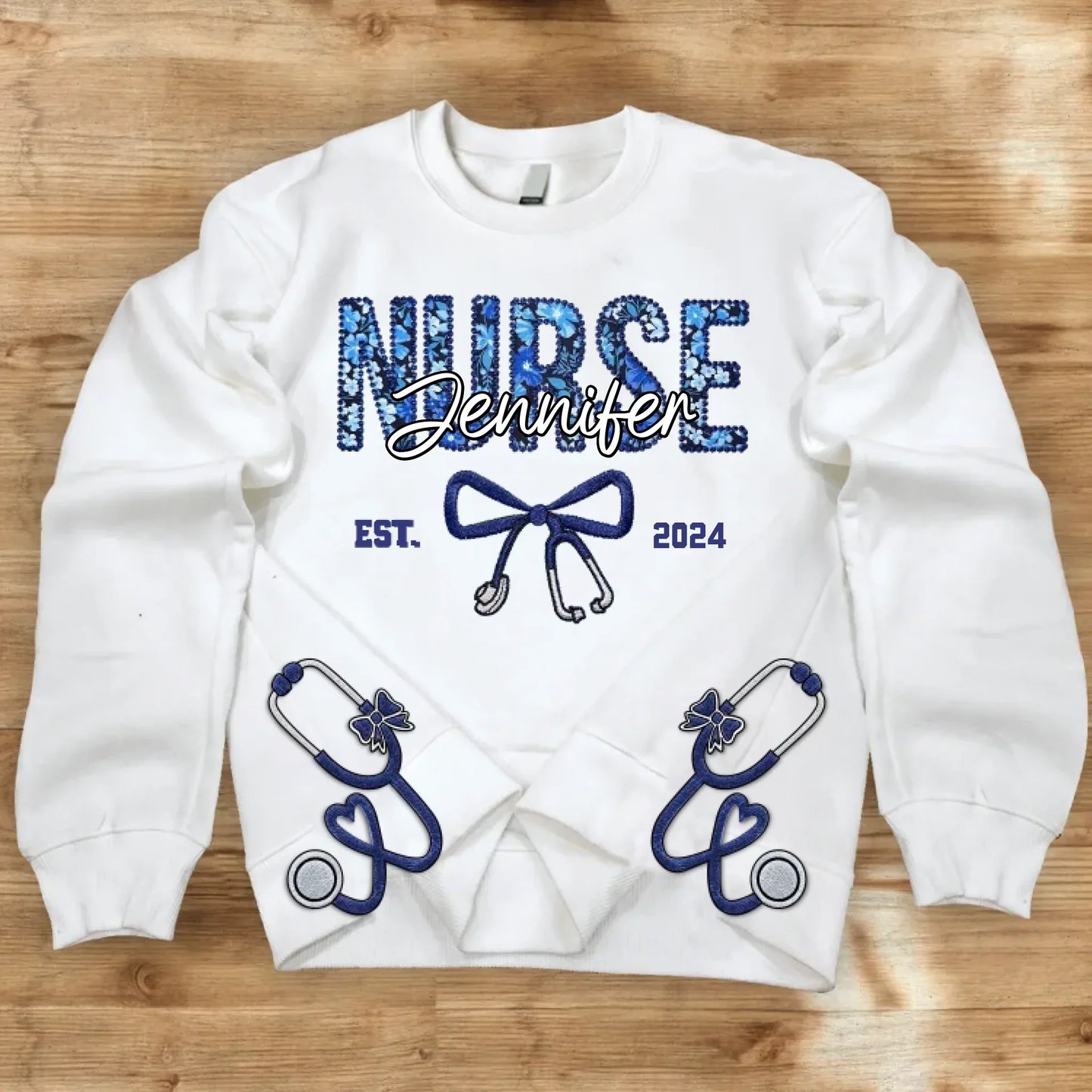 Personalized Nurse With Stethoscope Bow Appliqué Embroidered Sweatshirt - Gift Idea For Nurse
