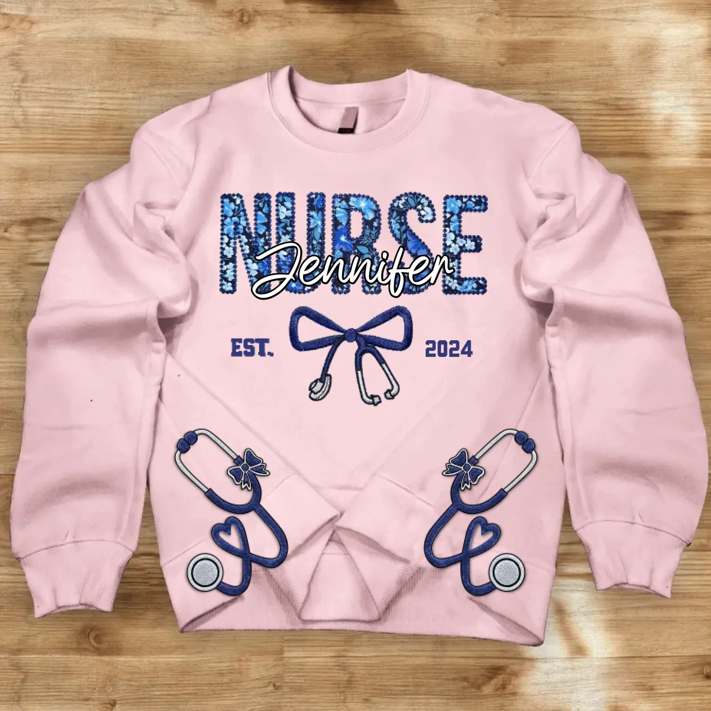 Personalized Nurse With Stethoscope Bow Appliqué Embroidered Sweatshirt - Gift Idea For Nurse