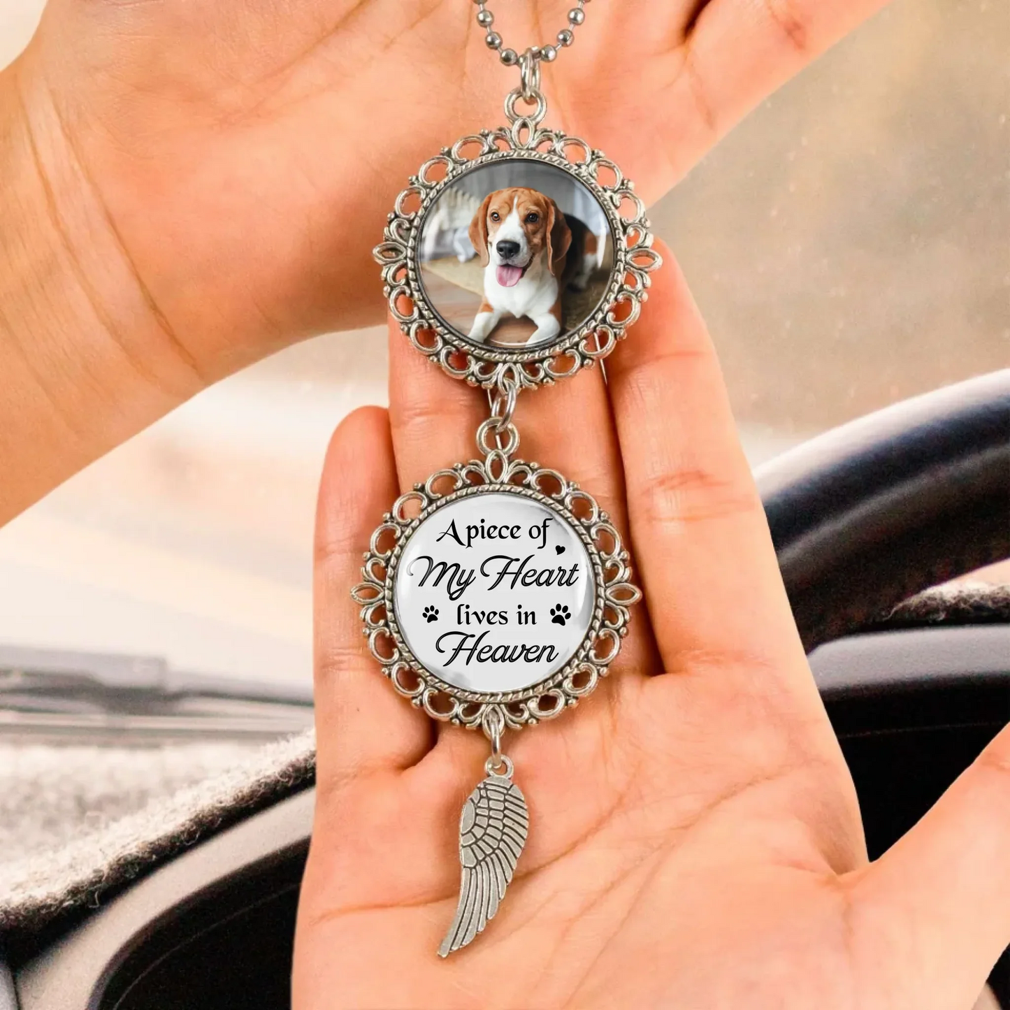 Personalized Dog Memorial Car Charm - Upload Photo - Sympathy Gift For Loss Of Dog - A Piece Of My Heart Lives In Heaven