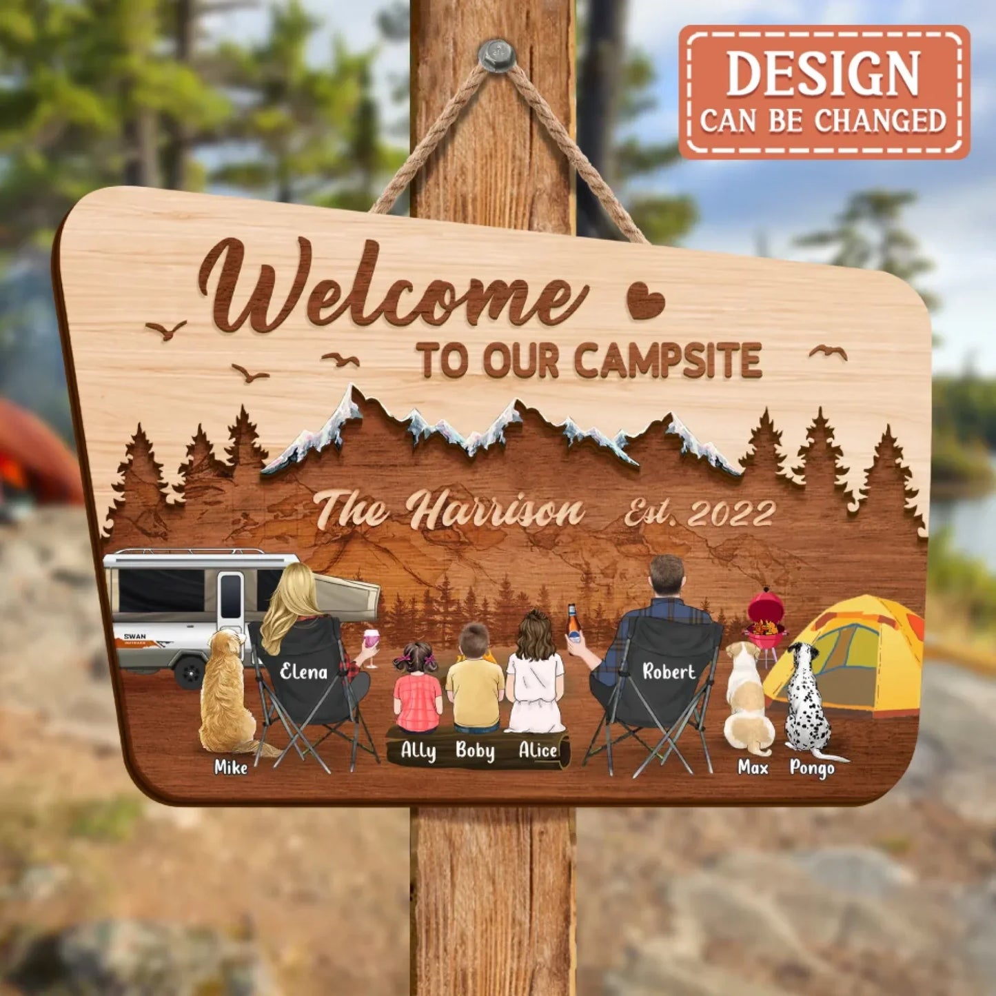 Personalized Camping Wooden Sign - Gift Idea For Camping Lover/Family - Parents/Couple With Up to 3 Kids And 3 Pets - Welcome To Our Campsite
