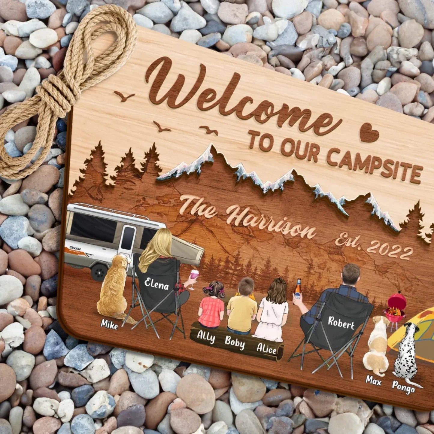 Personalized Camping Wooden Sign - Gift Idea For Camping Lover/Family - Parents/Couple With Up to 3 Kids And 3 Pets - Welcome To Our Campsite
