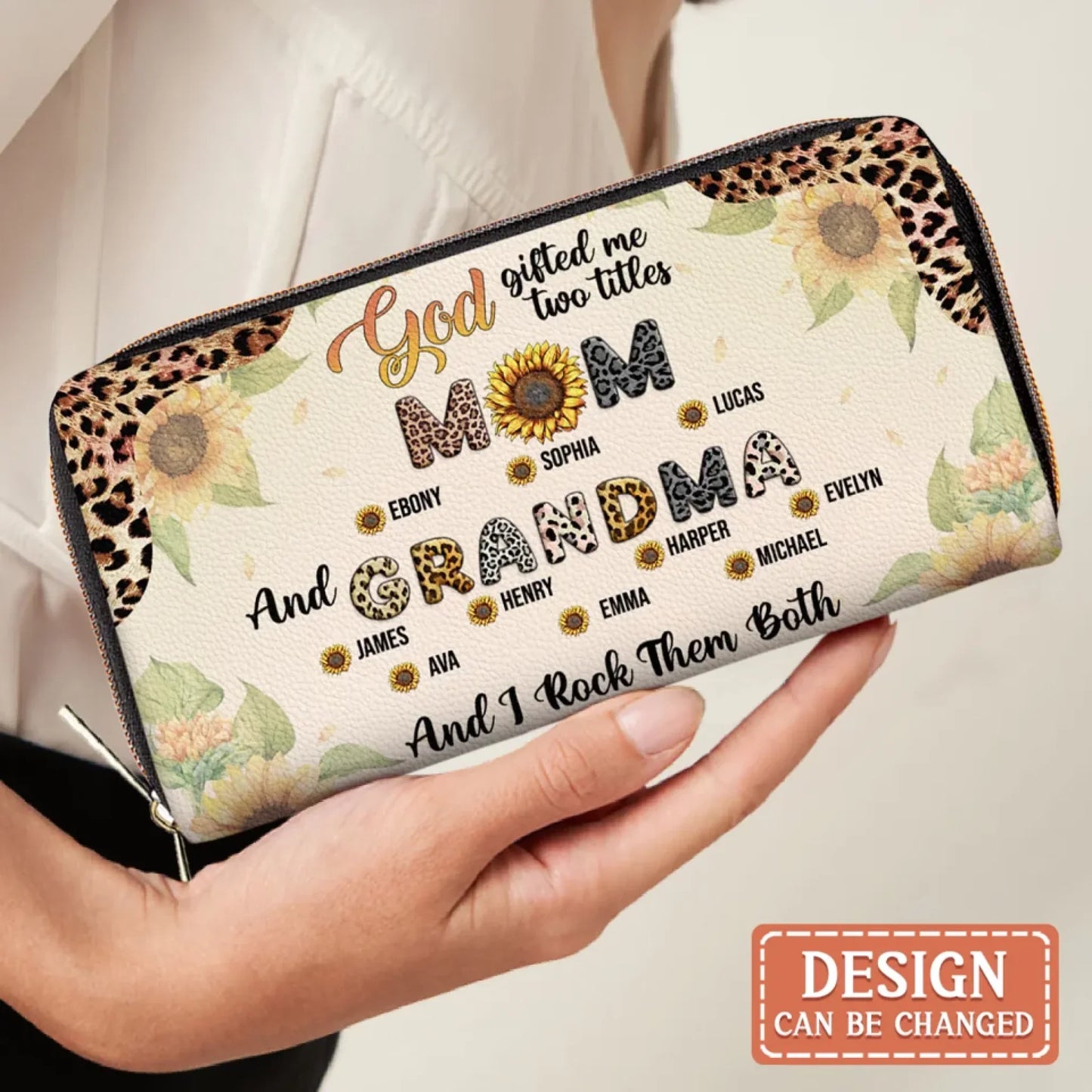 Personalized Mom Grandma Wallet - Leopard Print, Sunflower Design - Best Gift for Mother/Grandma