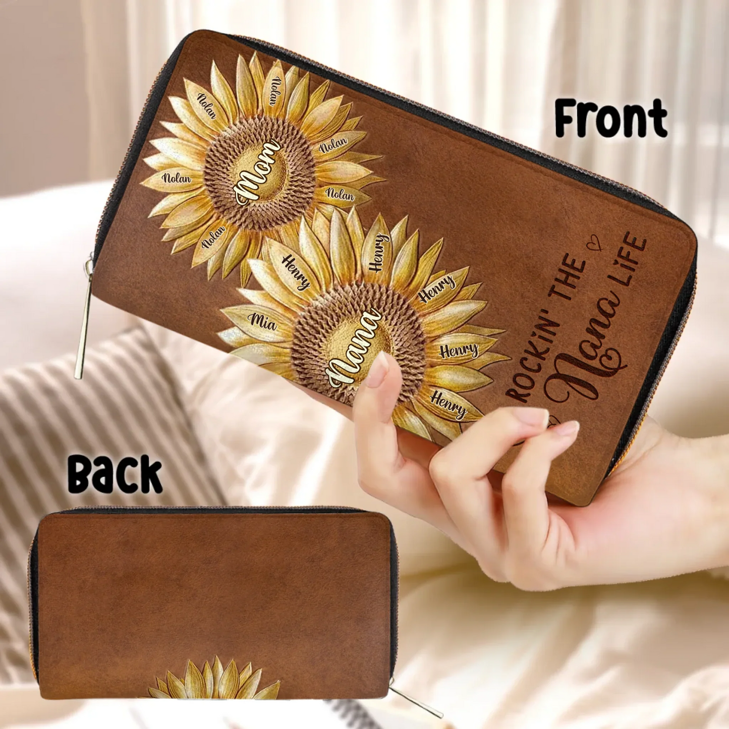 Personalized First Mom Now Grandma Sunflower Long Wallet - Best Mother's Day Gift Idea - Rockin's The Nana Life