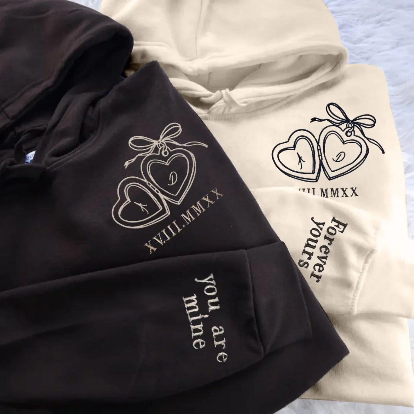 Custom Personalized Heart Locket Embroidered Hoodie For Couple