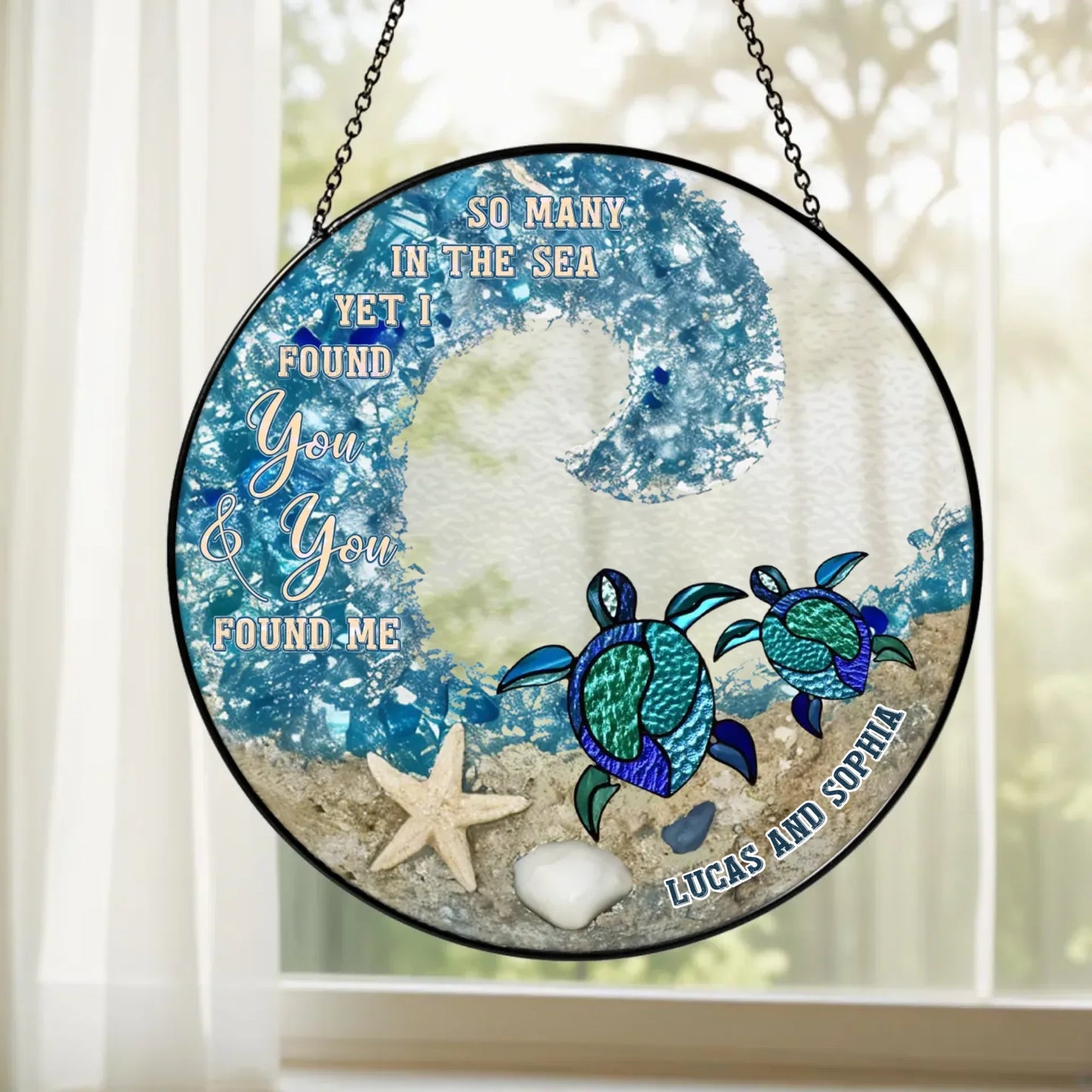 Personalized Sea Turtle Couple Stained Glass Suncatcher Hanging Ornamnent - Gift Idea For Couple / Mother's Day Gift To Wife From Husband