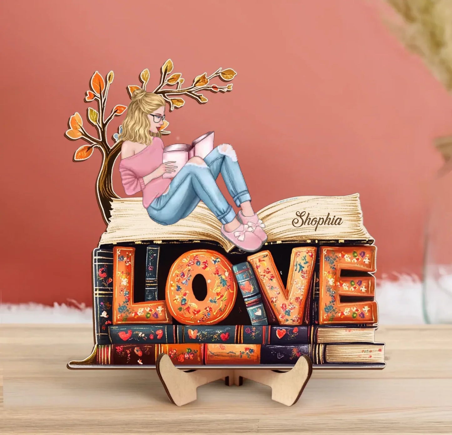 Personalized Reading Girl Wooden Art - Gift Idea For Book Lover - I Love Book