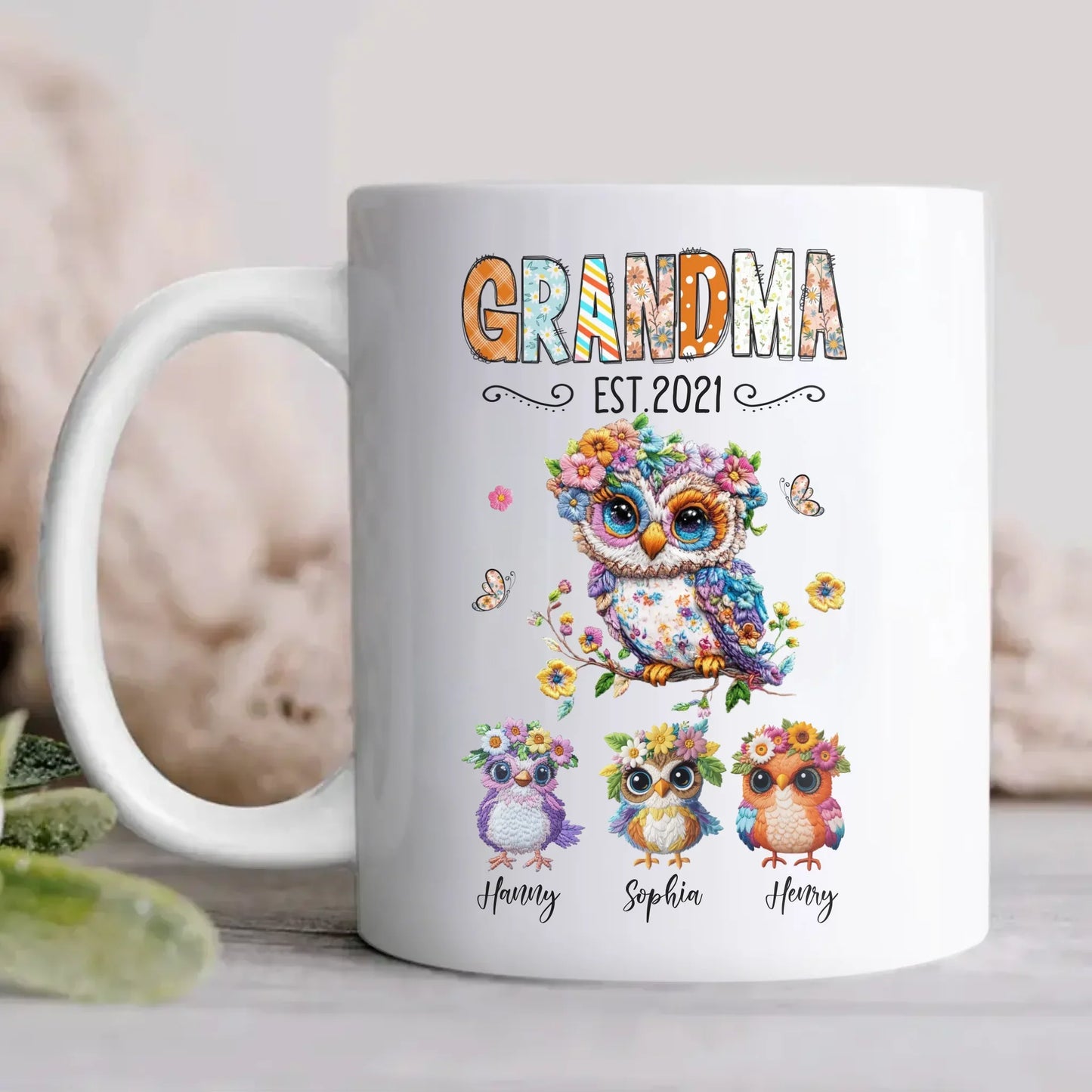 Personalized Owl Grandma Embroidered Effect Design Coffee Mug - Up to 6 Kids - Mother's Day Gift Idea for Grandma/Mom