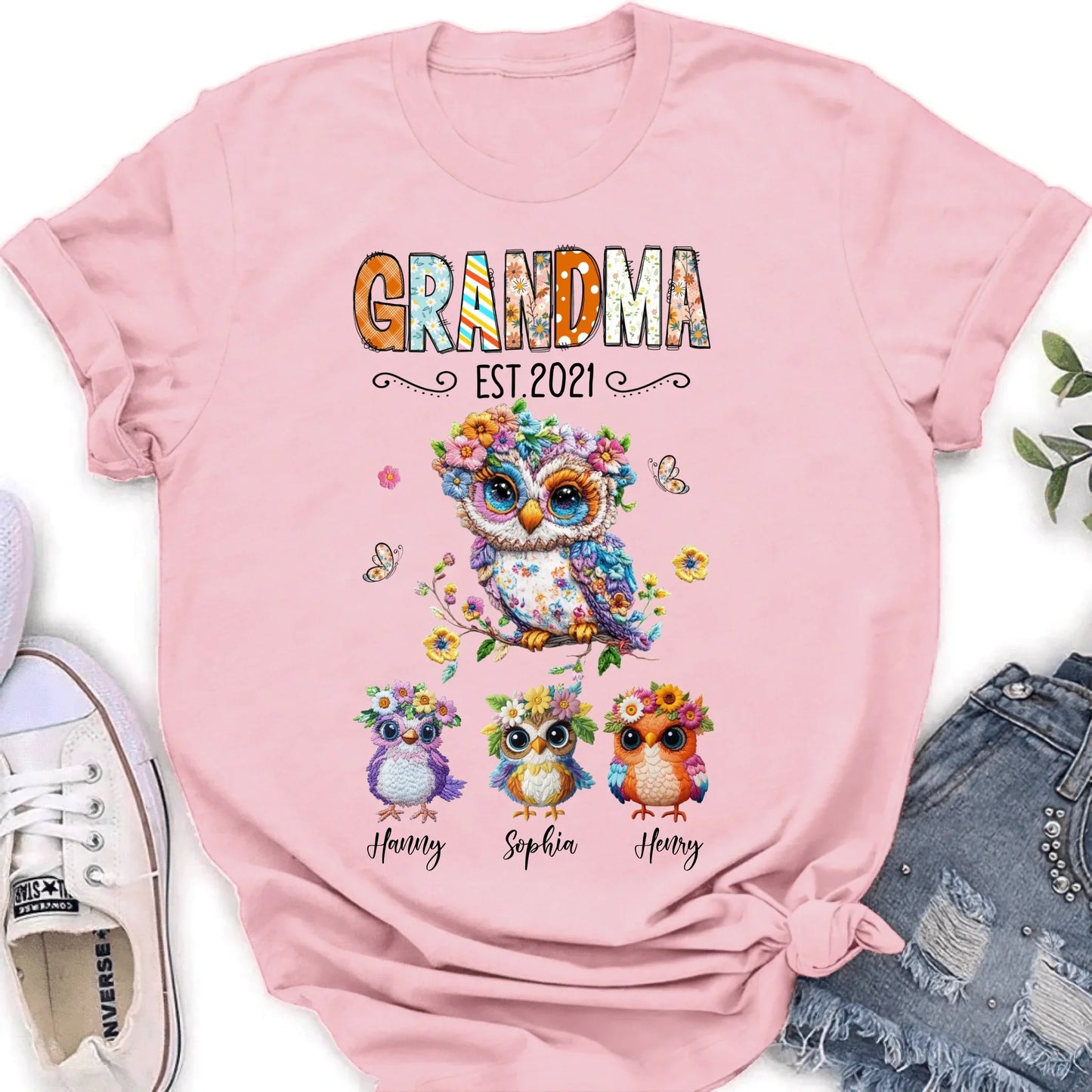 Personalized Owl Grandma Embroidered Effect Design Shirt/Hoodie - Up to 6 Kids - Mother's Day Gift Idea for Grandma/Mom
