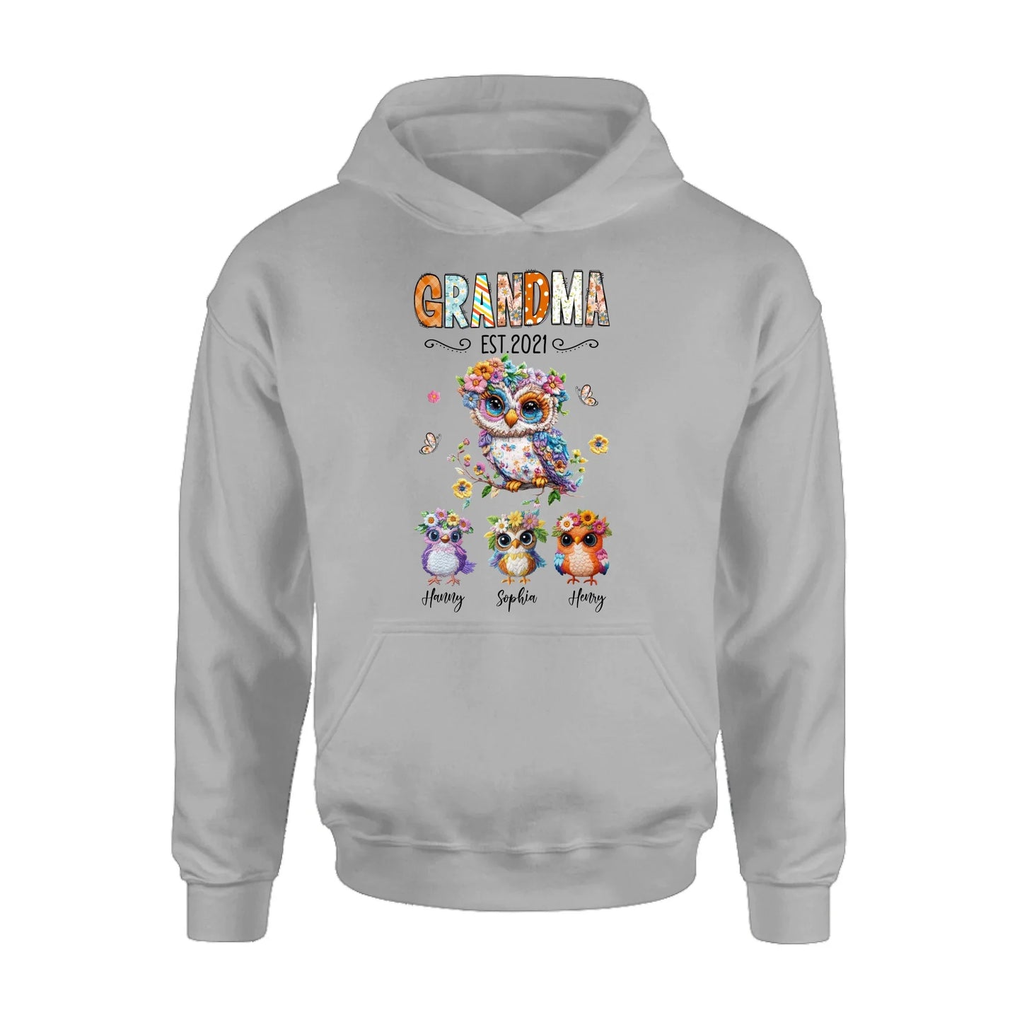 Personalized Owl Grandma Embroidered Effect Design Shirt/Hoodie - Up to 6 Kids - Mother's Day Gift Idea for Grandma/Mom