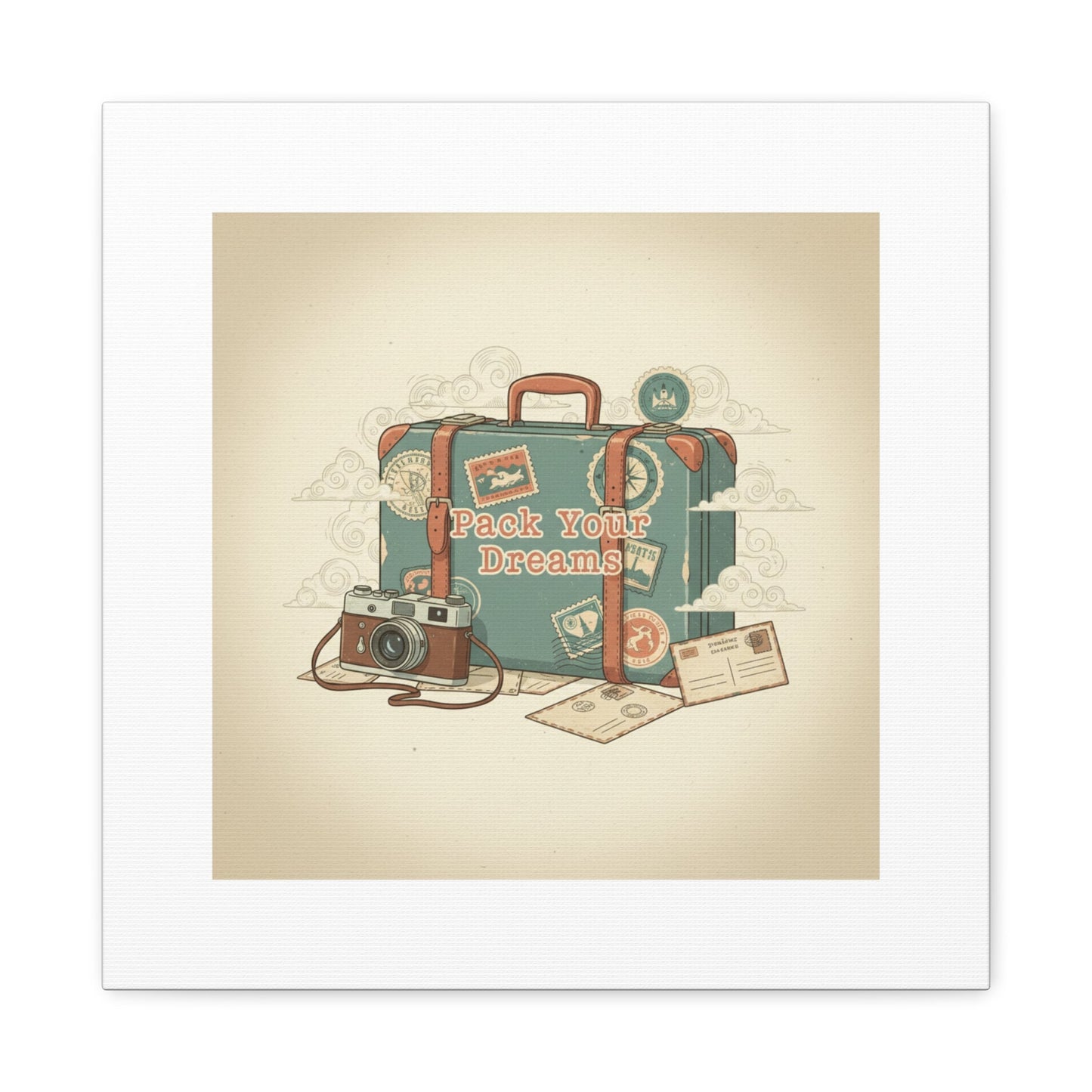 Pack Your Dreams Canvas | Retro Travel Postcard, Wanderlust Passport Stamp Art