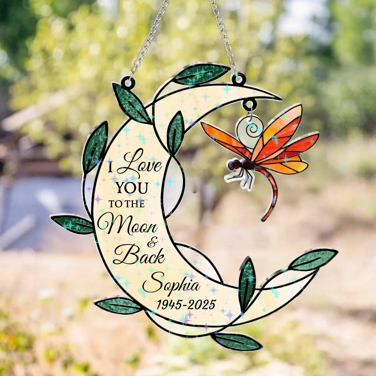 Personalized Memorial Moon Shape Hologram Window Decor With Hanging Piece - Memorial Gift For Family Members