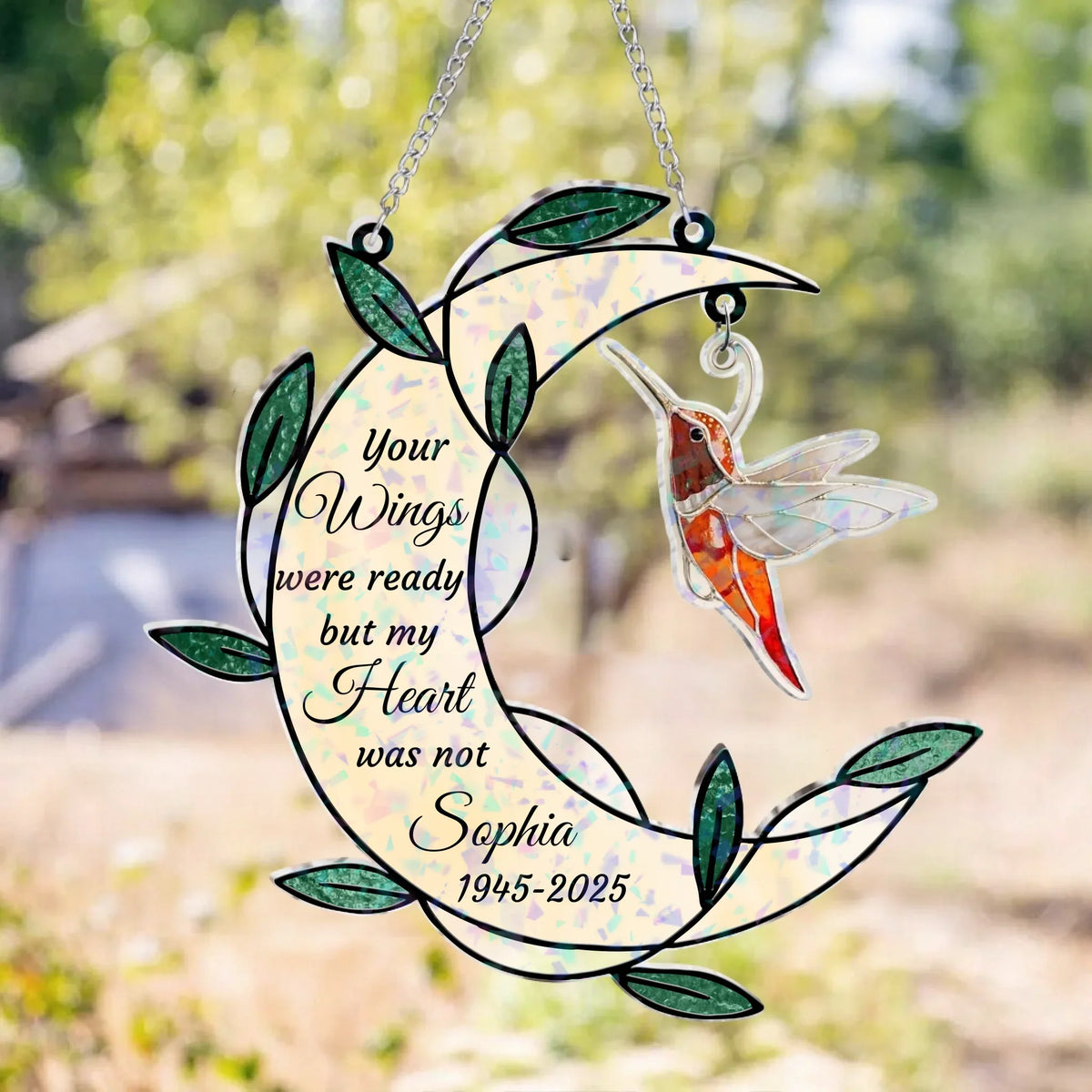 Personalized Memorial Moon Shape Hologram Window Decor With Hanging Piece - Memorial Gift For Family Members