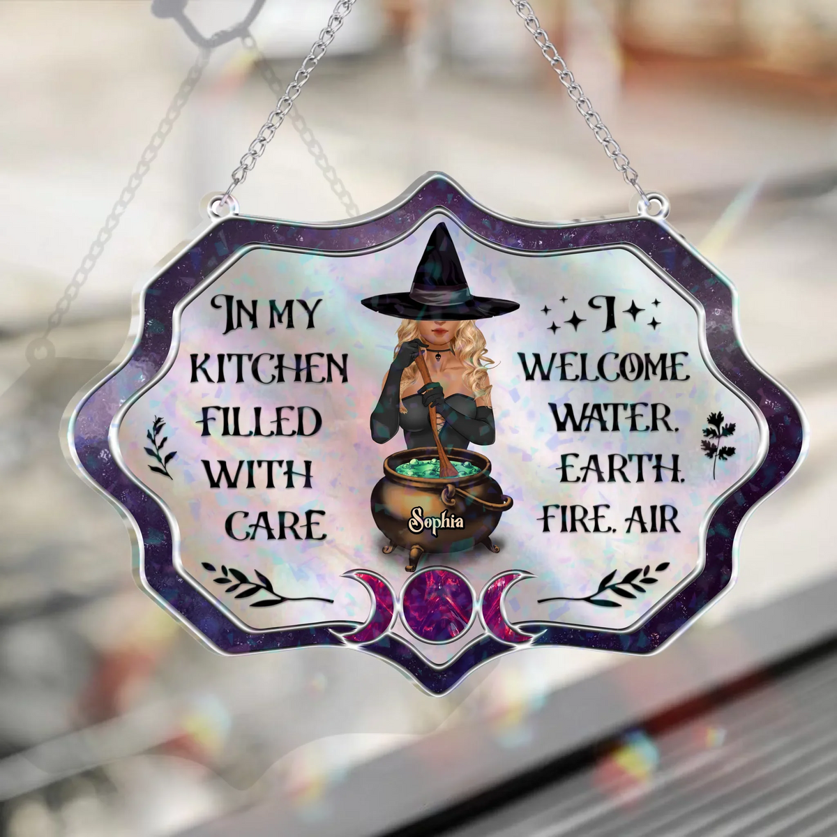 Personalized Witch Acrylic Suncatcher - Gift Idea For Wiccan Decor/Pagan Decor - In My Kitchen Filled With Care I Welcome Water Earth Fire Air