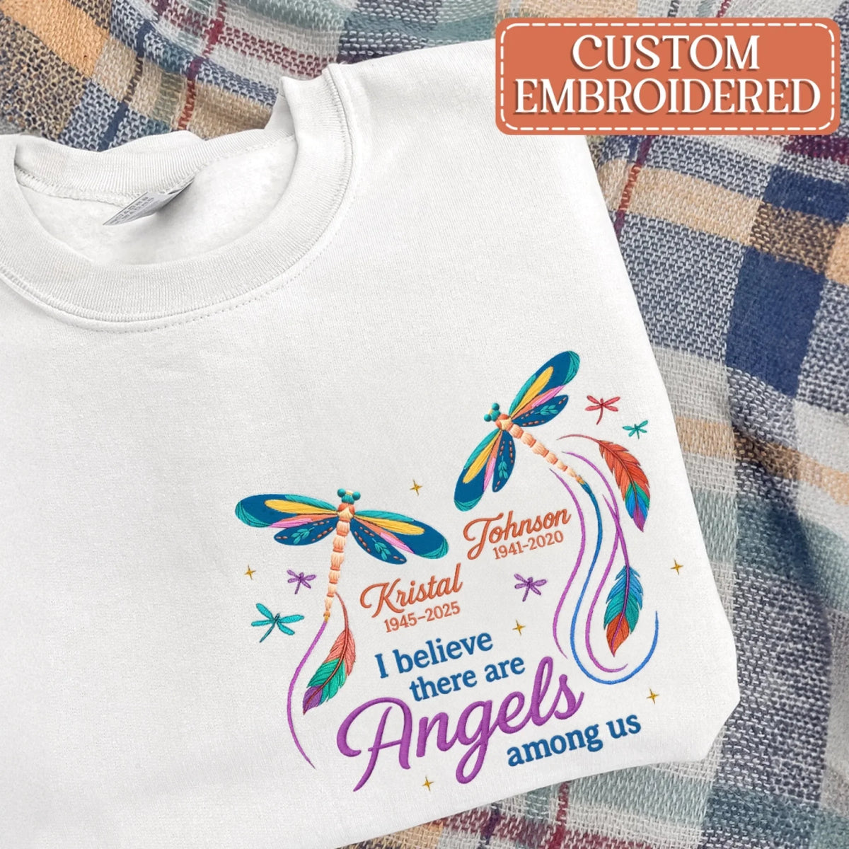 Personalized Memorial Embroidered T-Shirt/Sweater/Hoodie - Memorial Gift Idea - I Believe There Are Angels Among Us