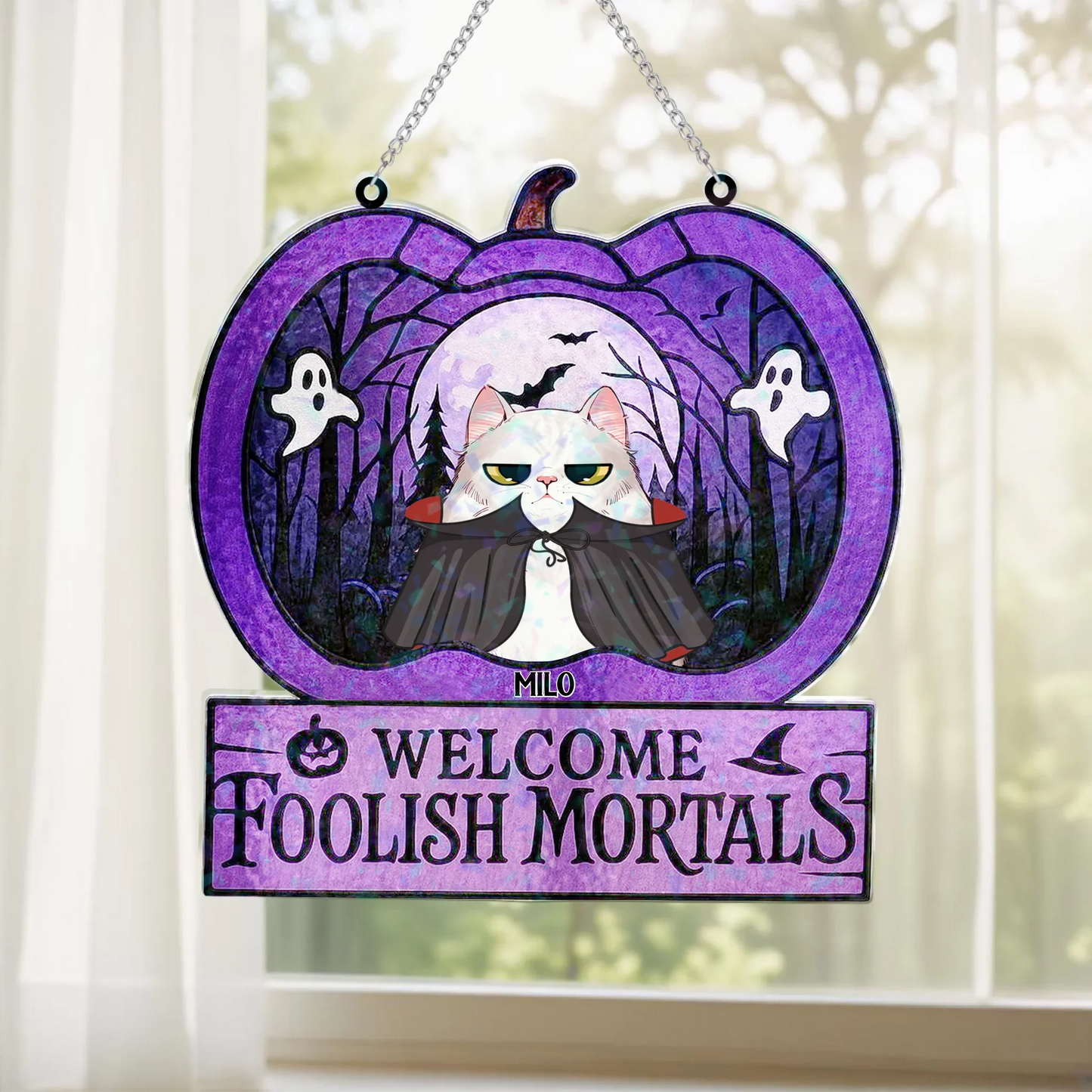 Personalized Welcome Foolish Mortals Cat Suncatcher - Gift Idea For Cat Lover - Up to 3 Cats