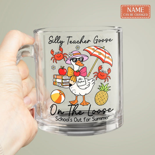 Custom Name Summer Silly Goose Teacher 10oz Glass Mug - Gift Idea For Teachers