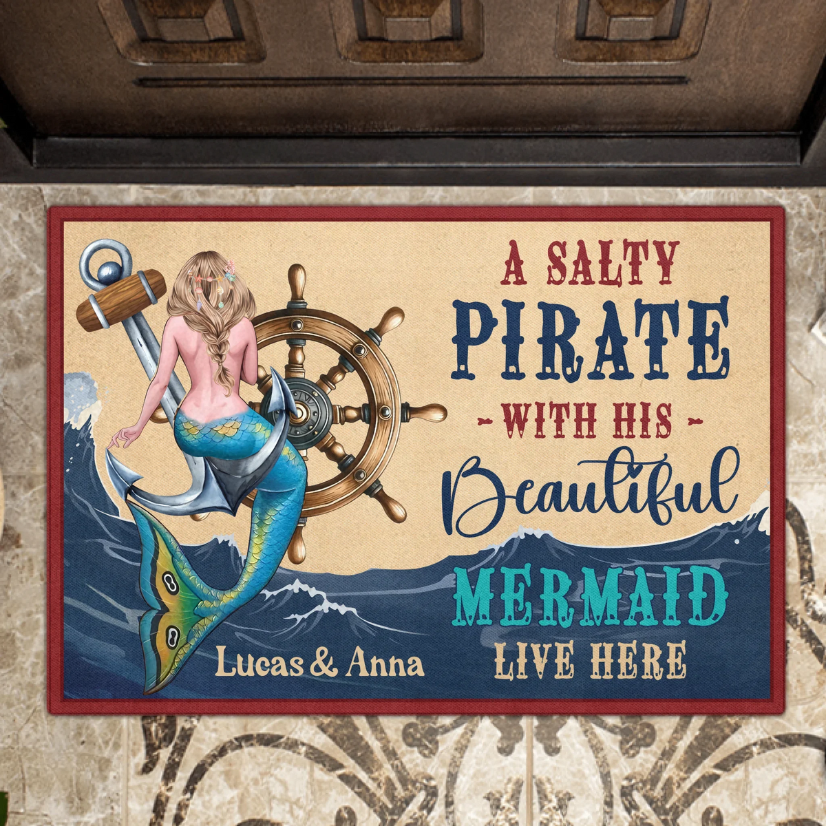 Personalized Mermaid Doormat - Summer Gift Idea - A Salty Pirate And His Beautiful Mermaid Live Here