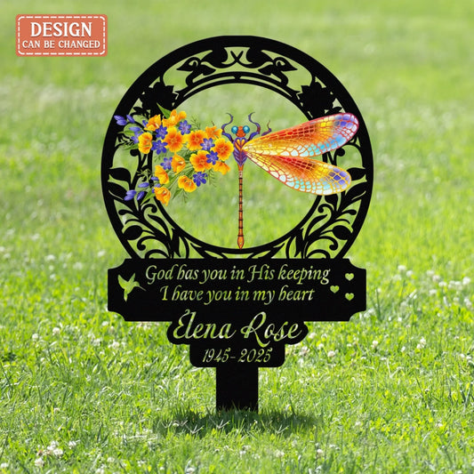 Personalized Memorial Stake - Sympathy Remembrance Metal Sign - God Has You In His Keeping I Have You In My Heart