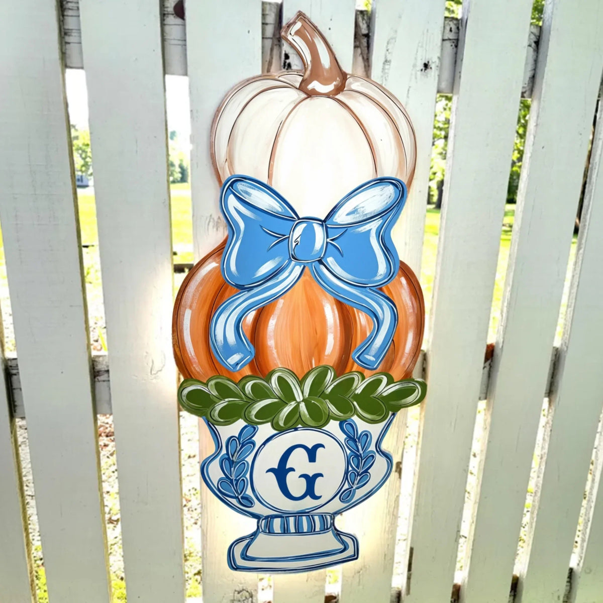 Personalized Chinoiserie Pumpkin Vase Door Hanger - Wooden Sign Gift Idea For Family