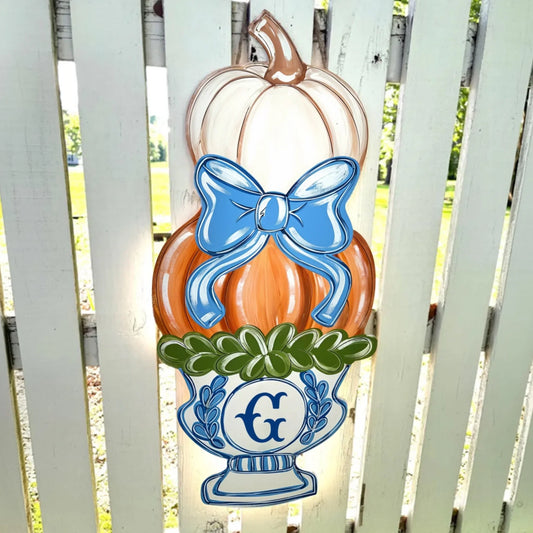 Personalized Chinoiserie Pumpkin Vase Door Hanger - Wooden Sign Gift Idea For Family