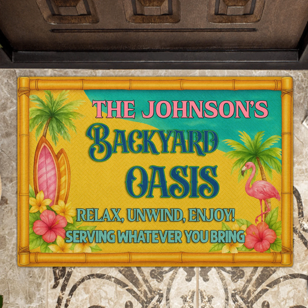 Personalized Backyard Oasis Doormat -  Tropical Welcome Mat - Relax Unwind Enjoy