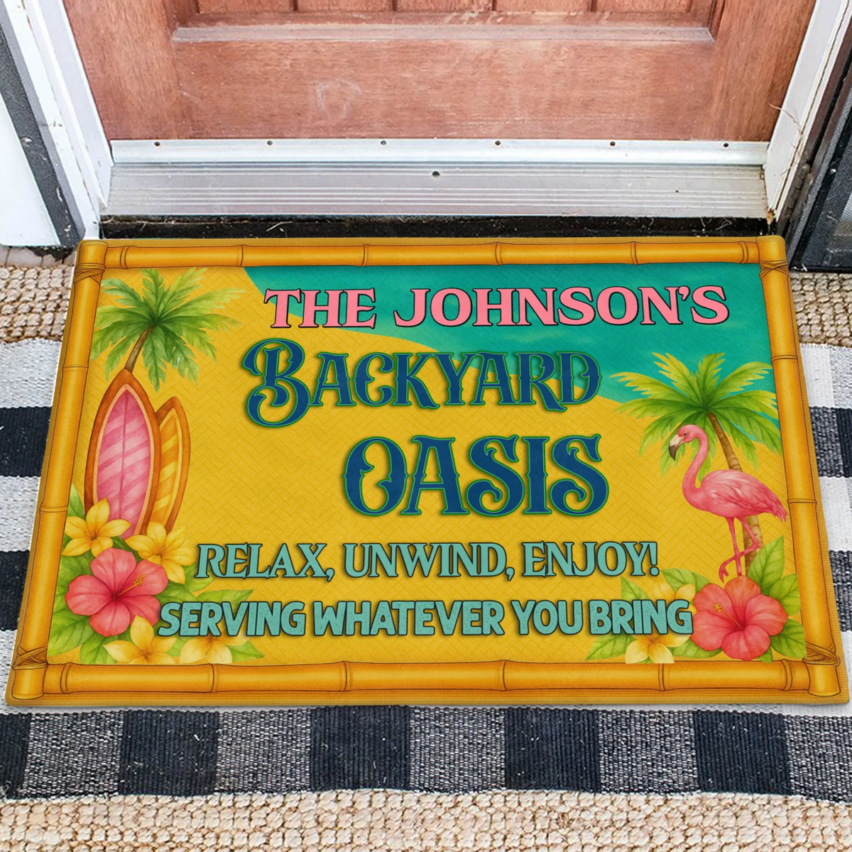 Personalized Backyard Oasis Doormat -  Tropical Welcome Mat - Relax Unwind Enjoy