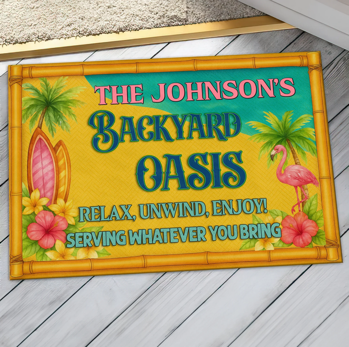 Personalized Backyard Oasis Doormat -  Tropical Welcome Mat - Relax Unwind Enjoy