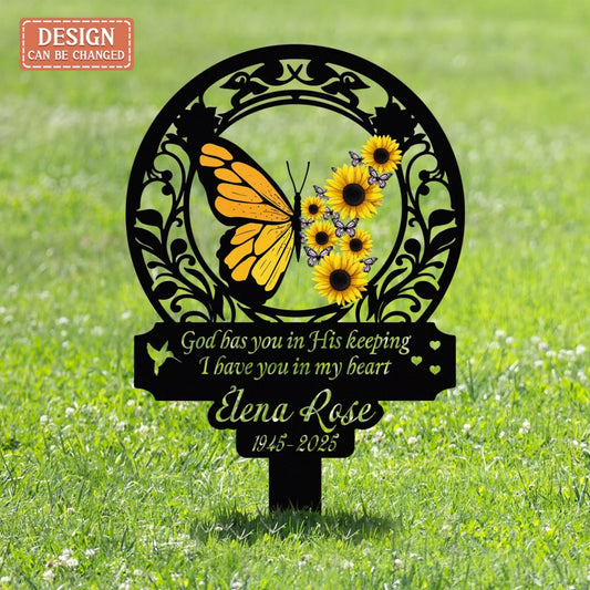 Personalized Memorial Stake Metal Sign - Sympathy Remembrance Gift - God Has You In His Keeping I Have You In My Heart