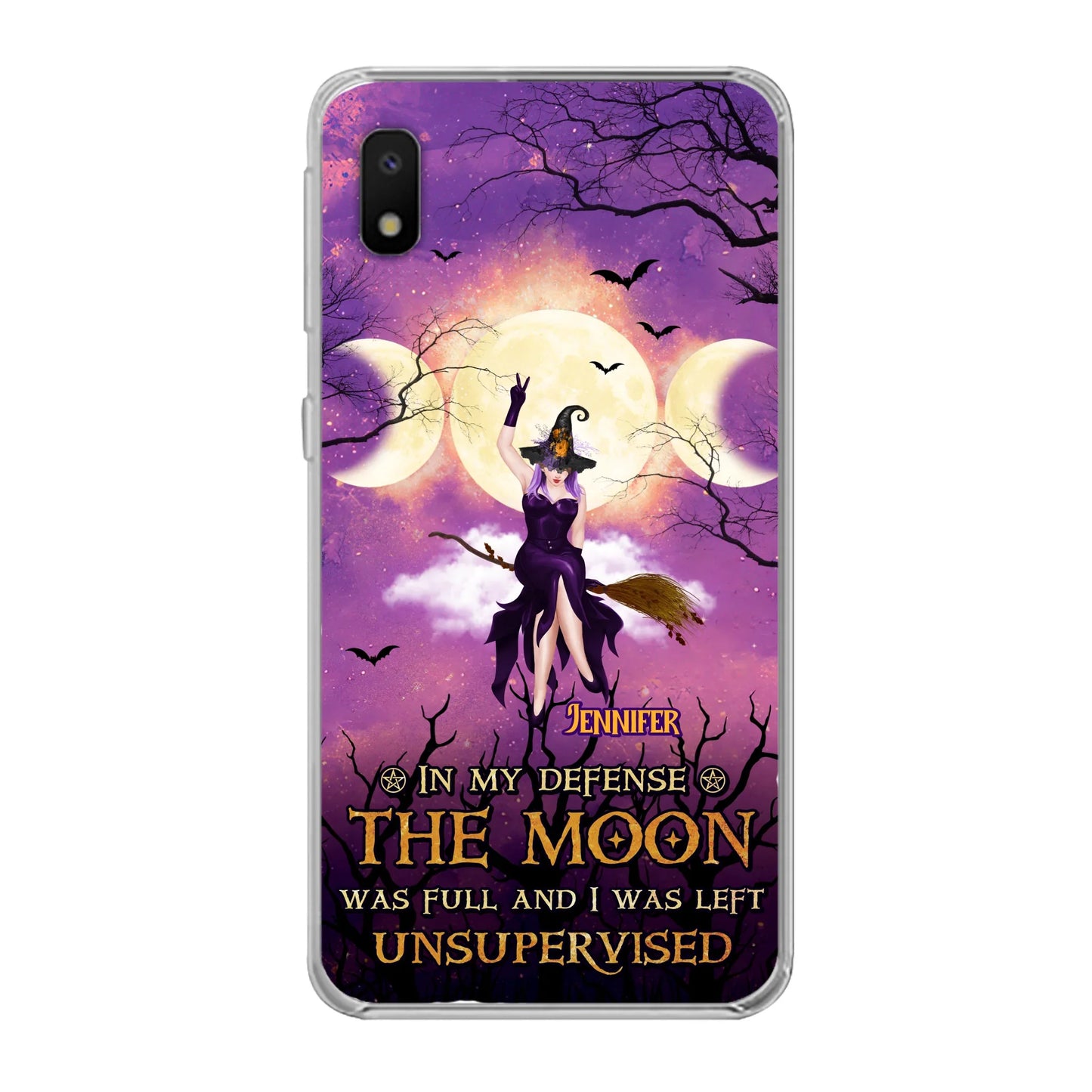 Custom Personalized Witch Riding Broom Phone Case - Halloween Gift Idea For Friends - In My Defense The Moon Was Full And I Was Left Unsupervised - Case For iPhone And Samsung