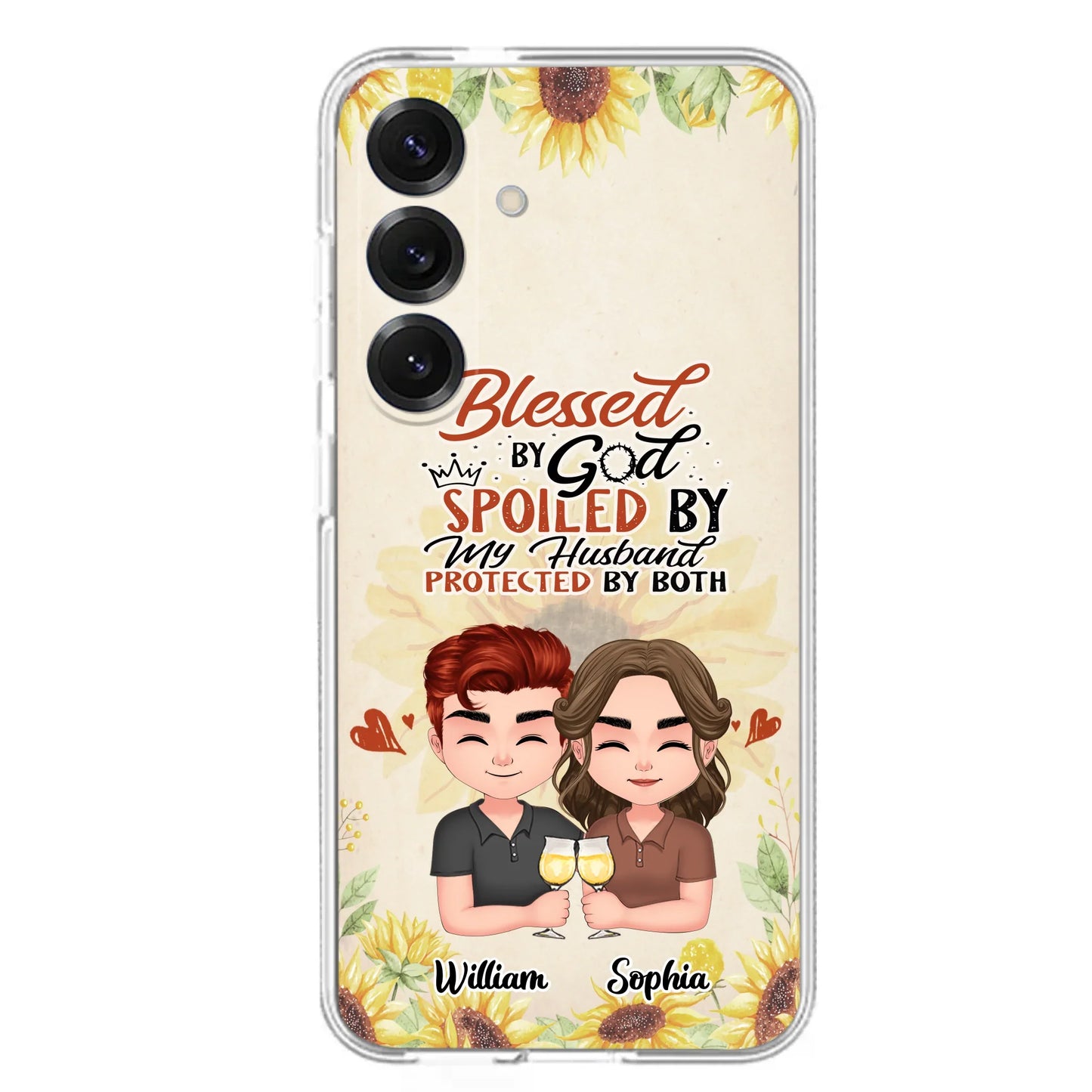 Custom Personalized Chibi Couple Phone Case - Gift Idea For Couple - Blessed By God, Spoiled By My Husband, Protected By Both - Case For iPhone & Samsung