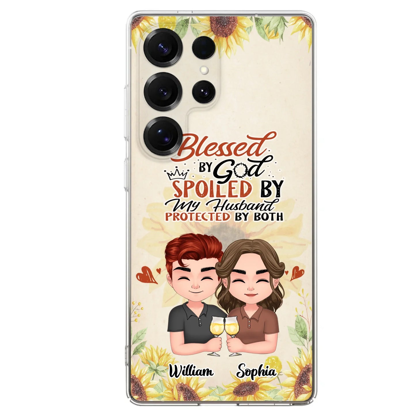 Custom Personalized Chibi Couple Phone Case - Gift Idea For Couple - Blessed By God, Spoiled By My Husband, Protected By Both - Case For iPhone & Samsung