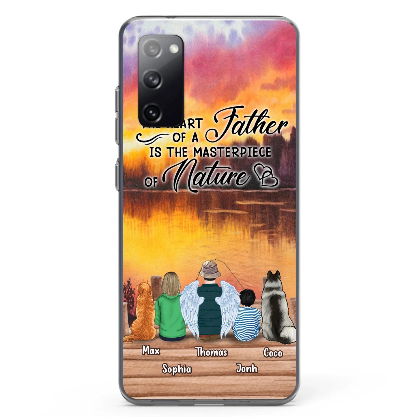 Custom Personalized Father Fishing Phone Case - Father With Up to 2 Kids And 2 Pets - Gift Idea For Father/ Fishing Lover - The Heart Of A Father Is The Masterpiece Of Nature - Case For iPhone And Samsung