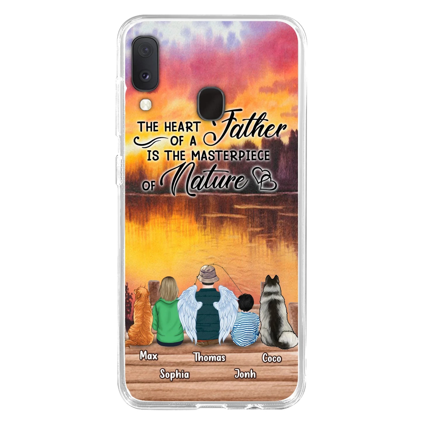 Custom Personalized Father Fishing Phone Case - Father With Up to 2 Kids And 2 Pets - Gift Idea For Father/ Fishing Lover - The Heart Of A Father Is The Masterpiece Of Nature - Case For iPhone And Samsung