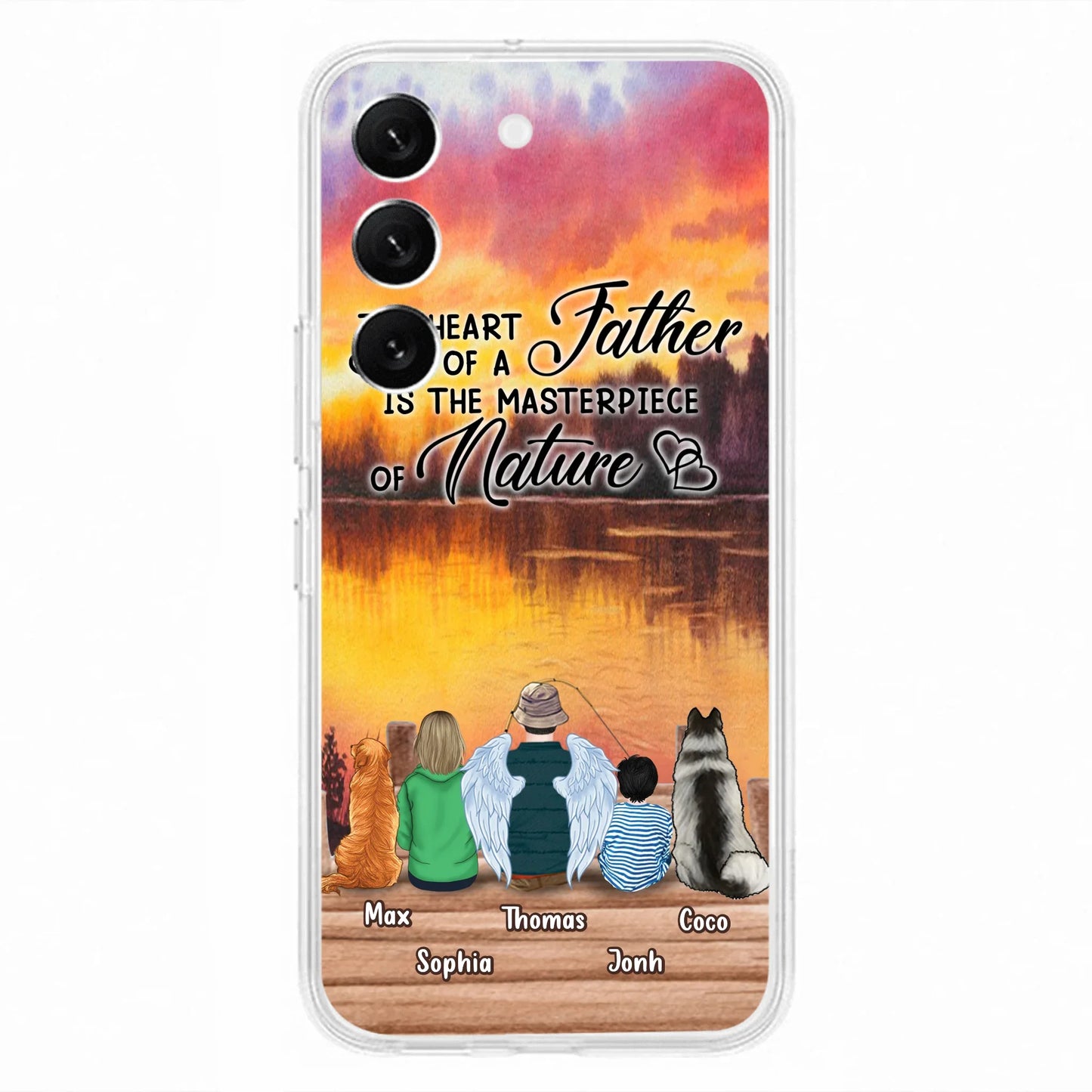 Custom Personalized Father Fishing Phone Case - Father With Up to 2 Kids And 2 Pets - Gift Idea For Father/ Fishing Lover - The Heart Of A Father Is The Masterpiece Of Nature - Case For iPhone And Samsung