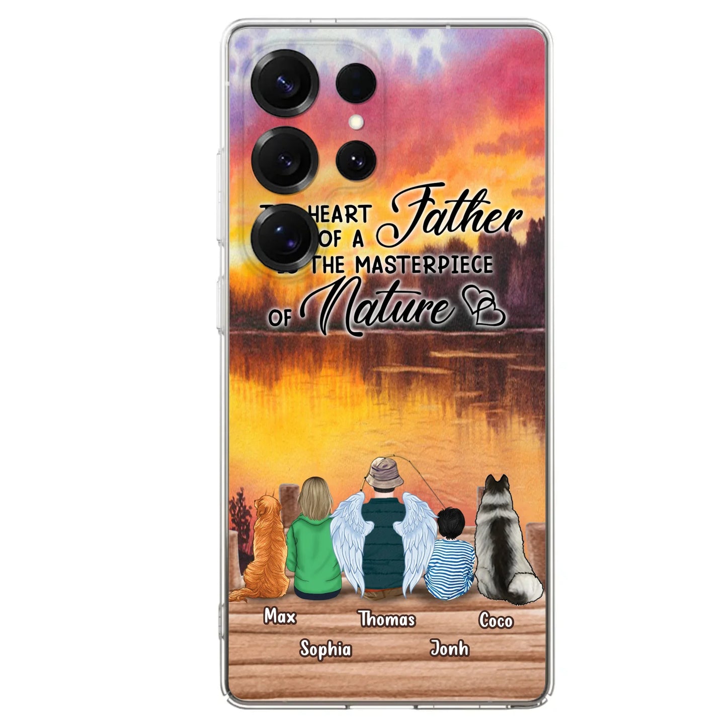 Custom Personalized Father Fishing Phone Case - Father With Up to 2 Kids And 2 Pets - Gift Idea For Father/ Fishing Lover - The Heart Of A Father Is The Masterpiece Of Nature - Case For iPhone And Samsung