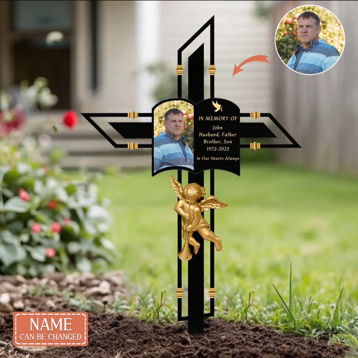 Personalized Memorial Angel Cross Garden Stake Metal Sign - Memorial Gift Idea - Upload Photo - In Memory Of
